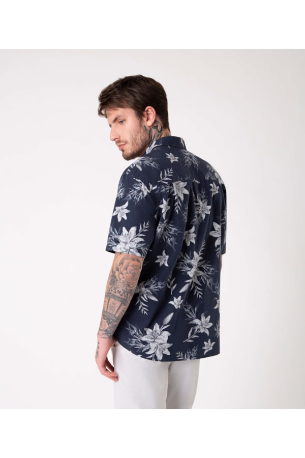 Camisa Algodão Flowers Dark Navy