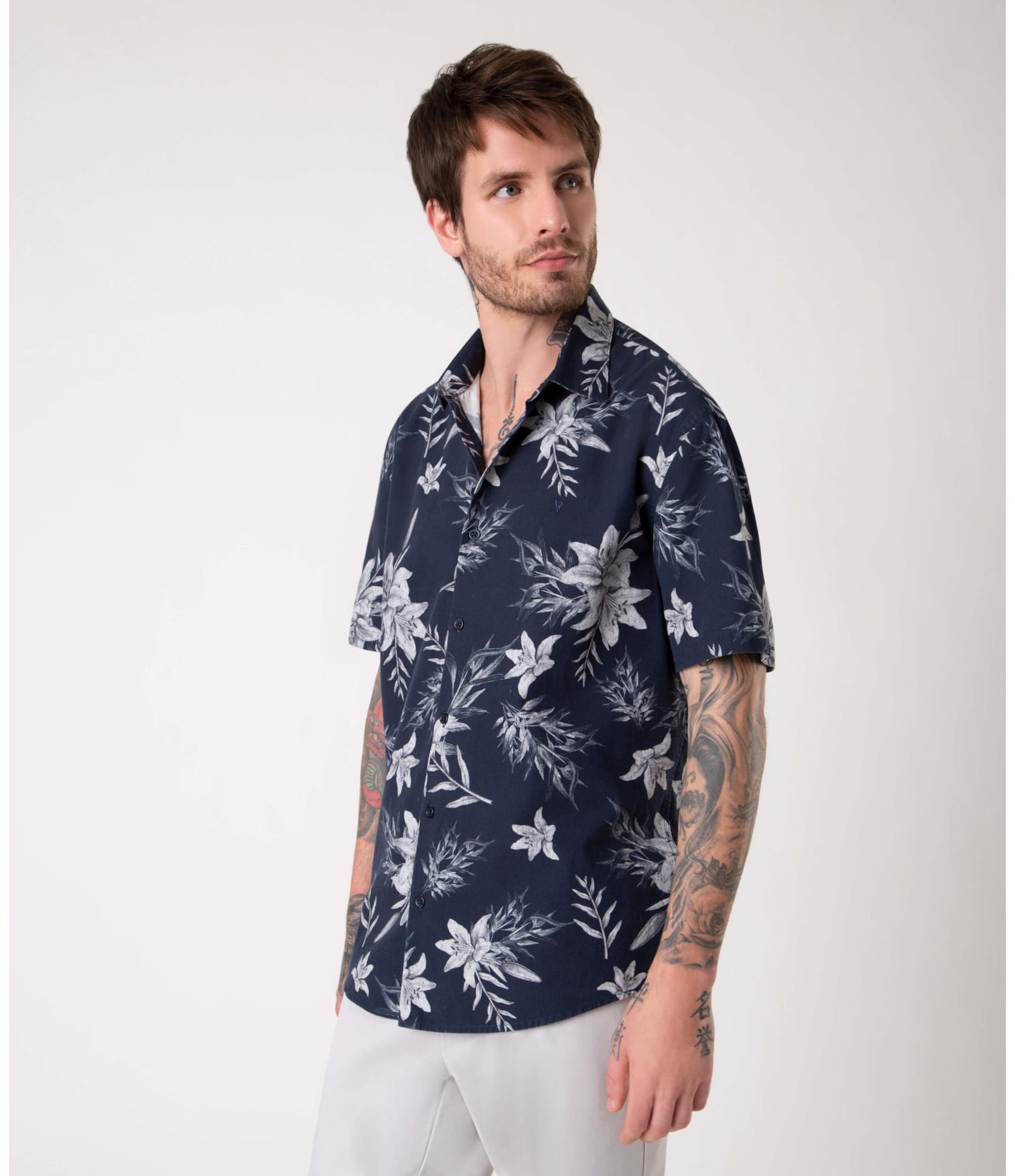 Camisa Algodão Flowers Dark Navy