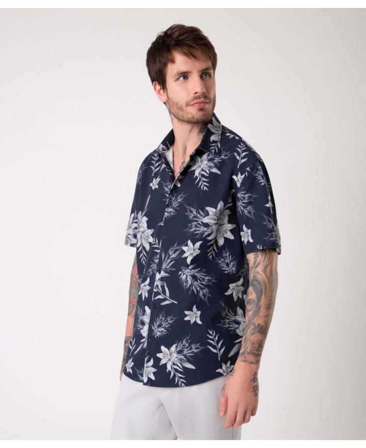 Camisa Algodão Flowers Dark Navy
