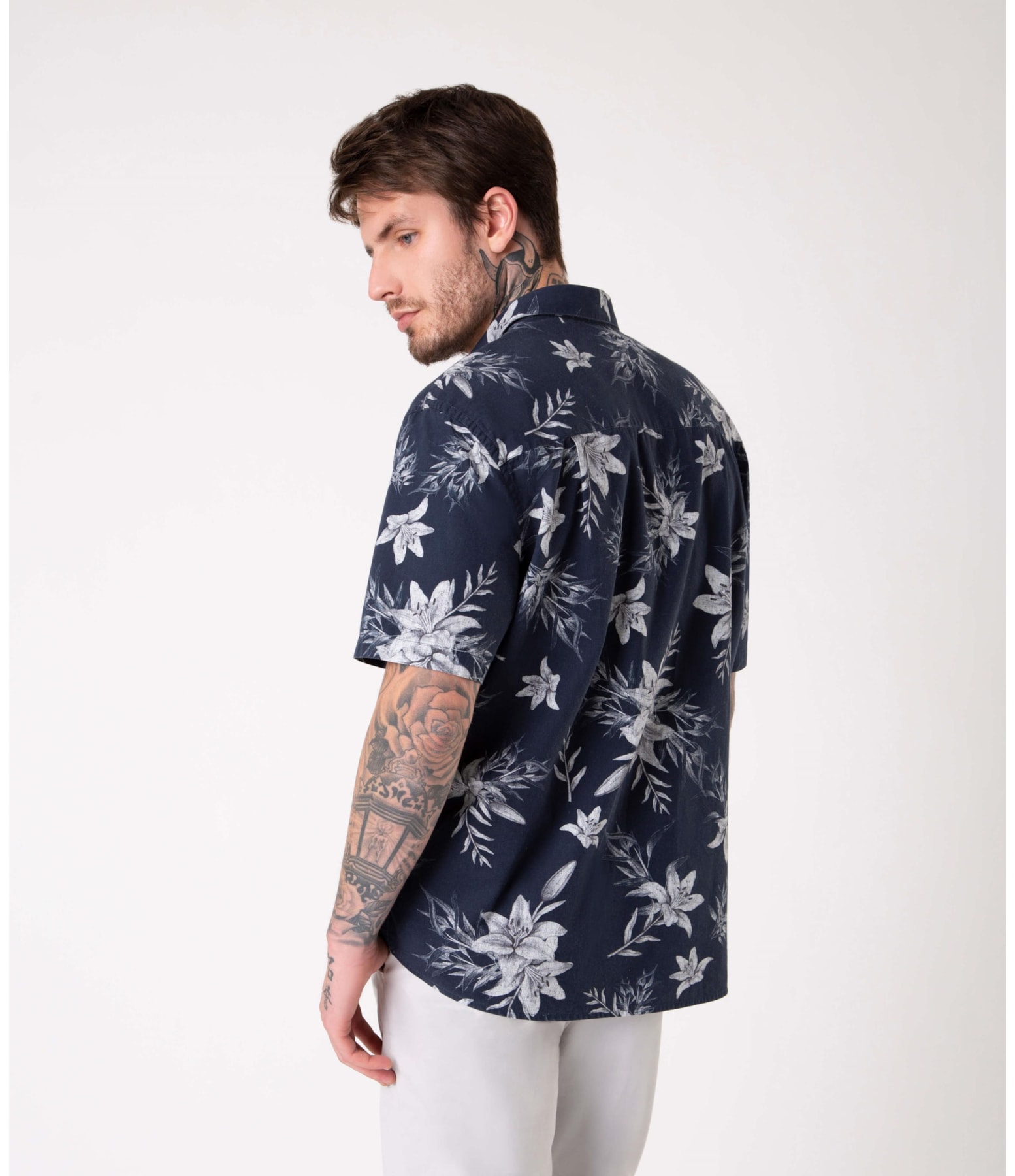 Camisa Algodão Flowers Dark Navy