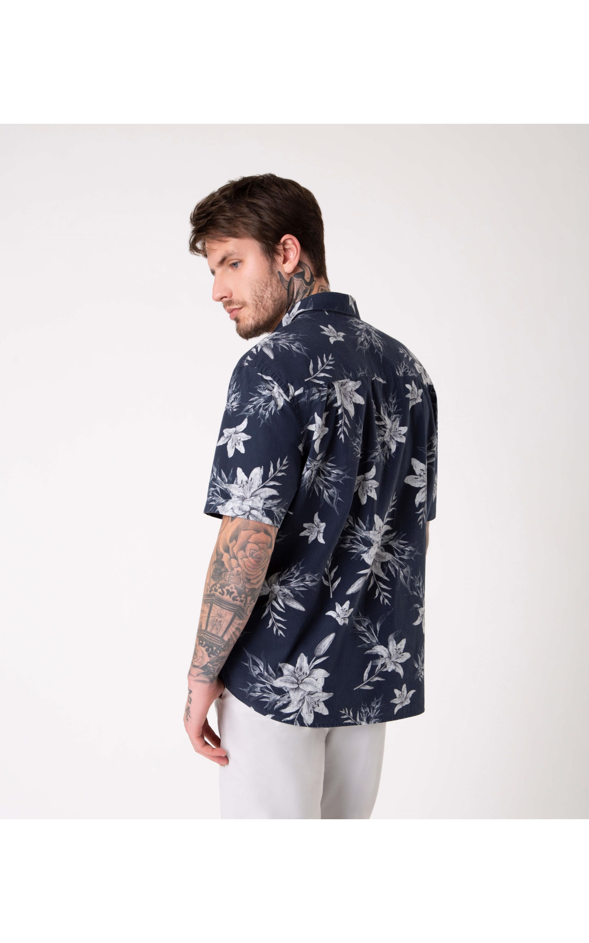 Camisa Algodão Flowers Dark Navy