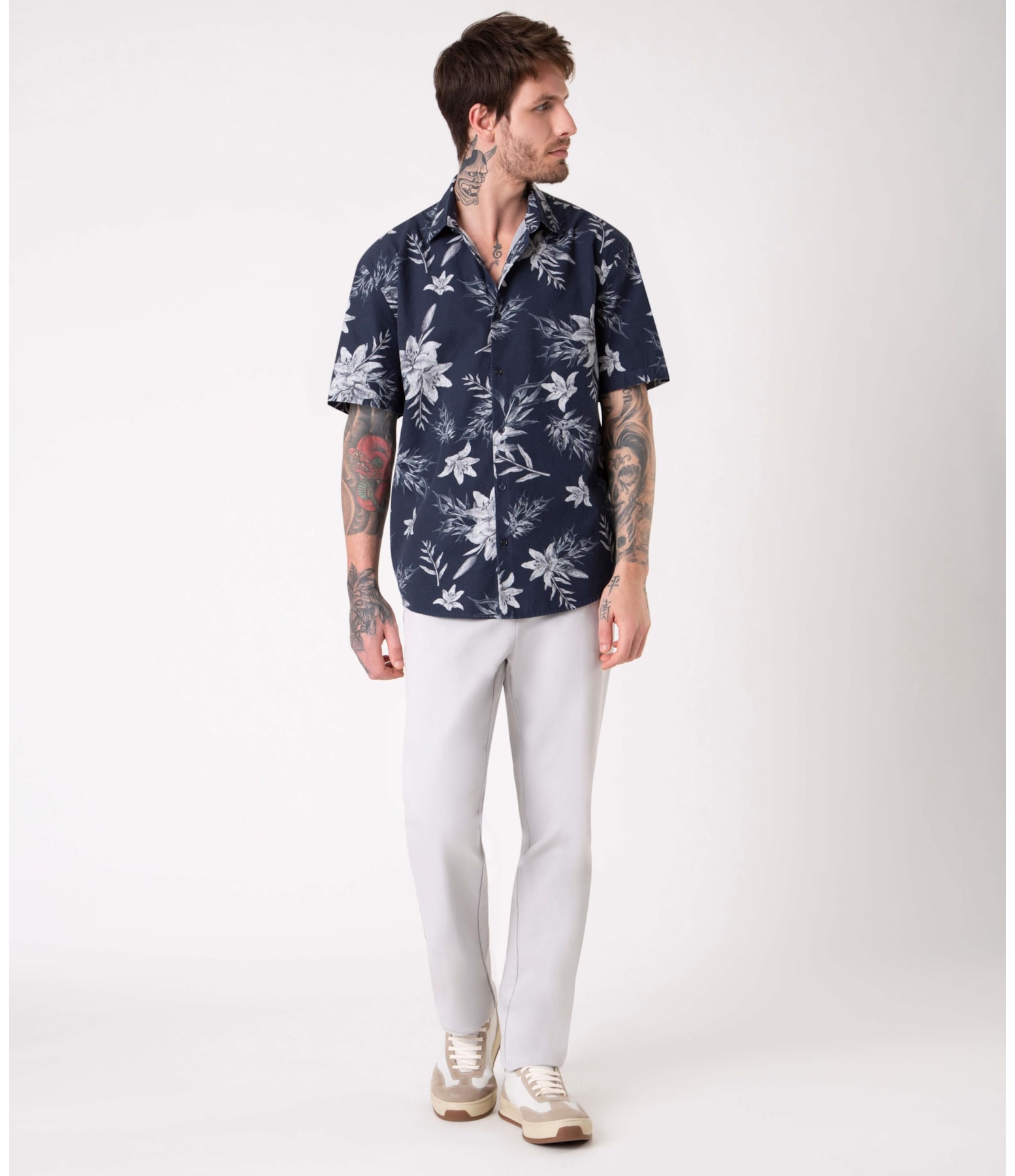 Camisa Algodão Flowers Dark Navy