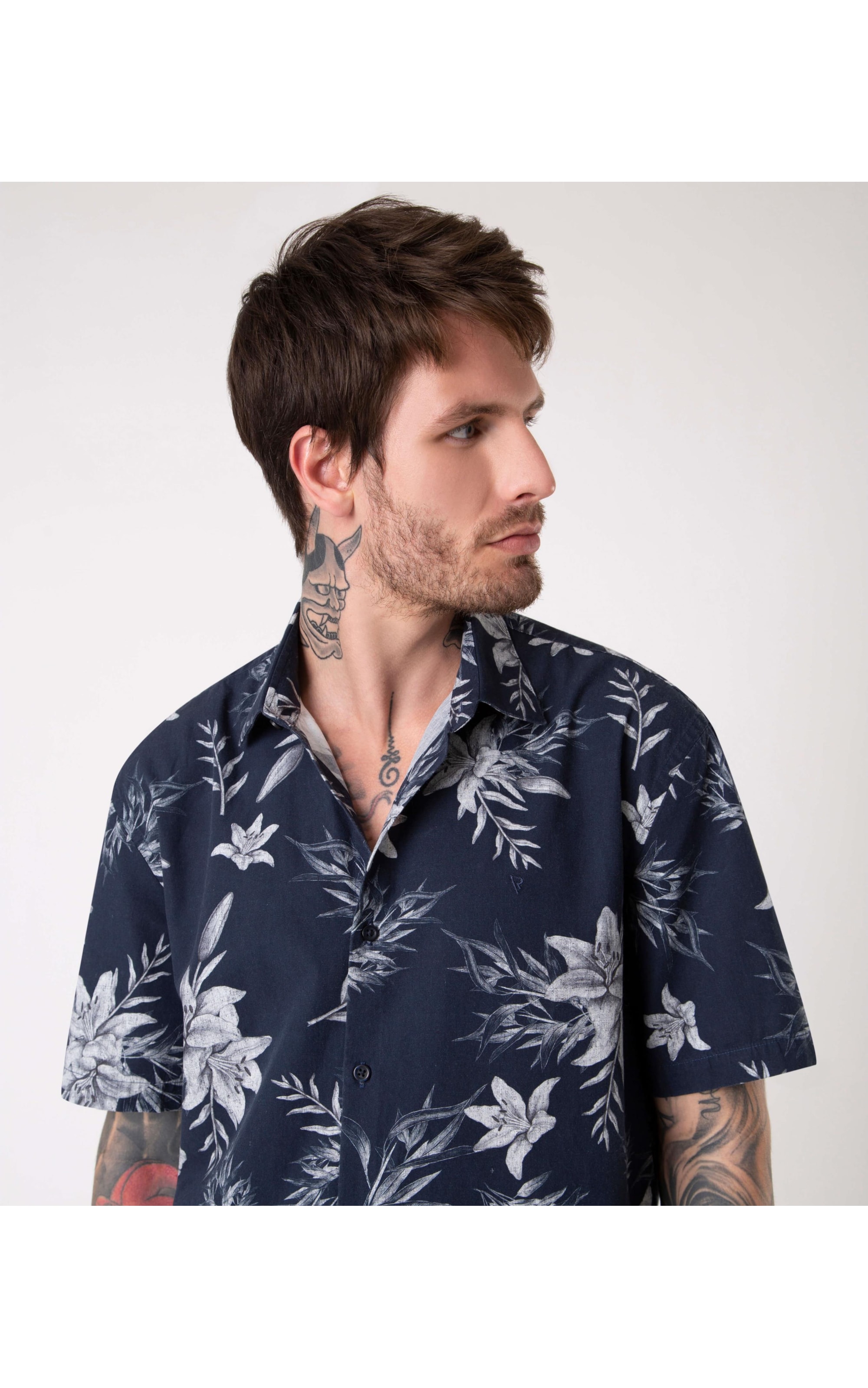 Camisa Algodão Flowers Dark Navy