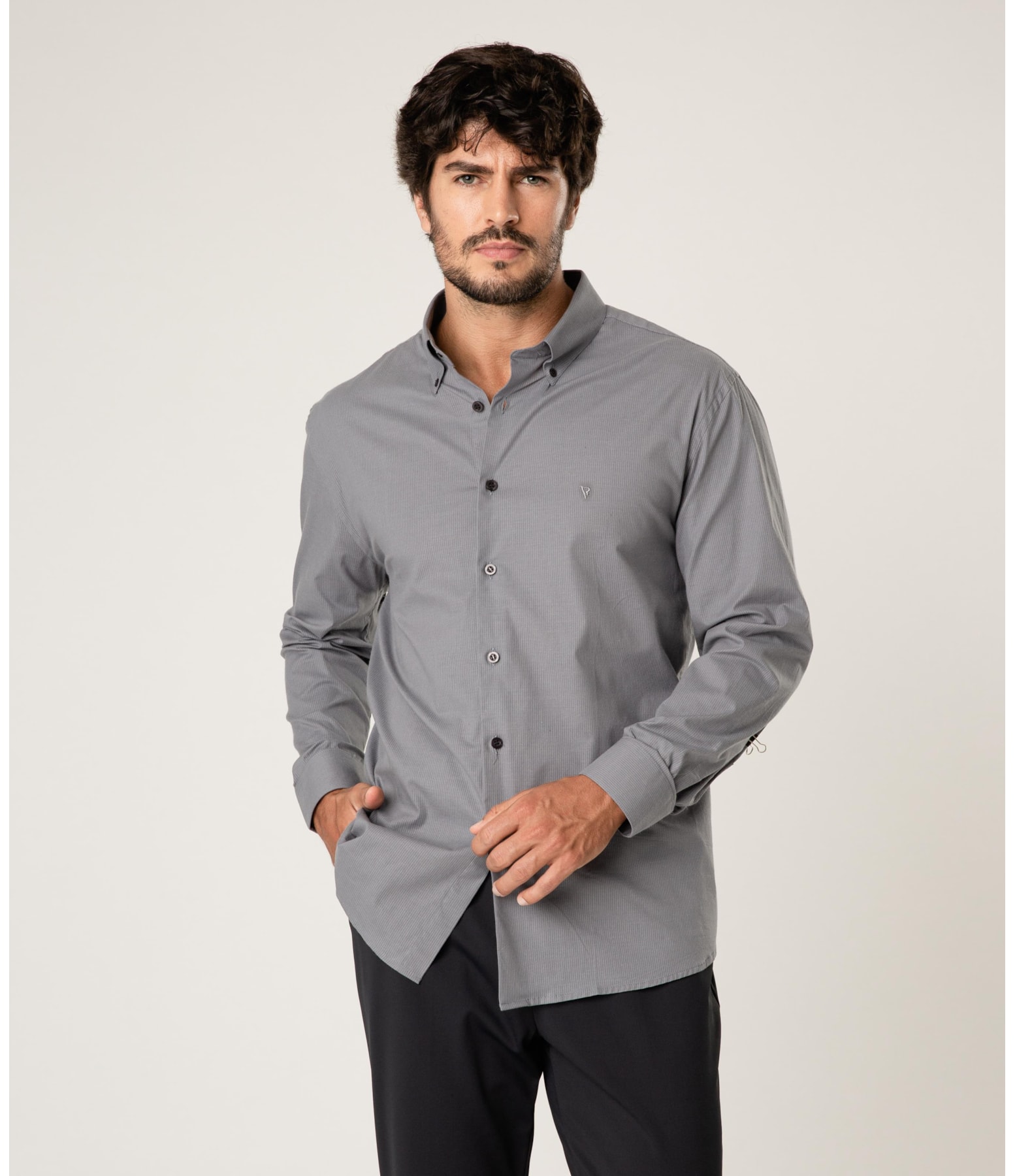 Camisa Cotton Pistoia Button Down Cinza Medio Listra
