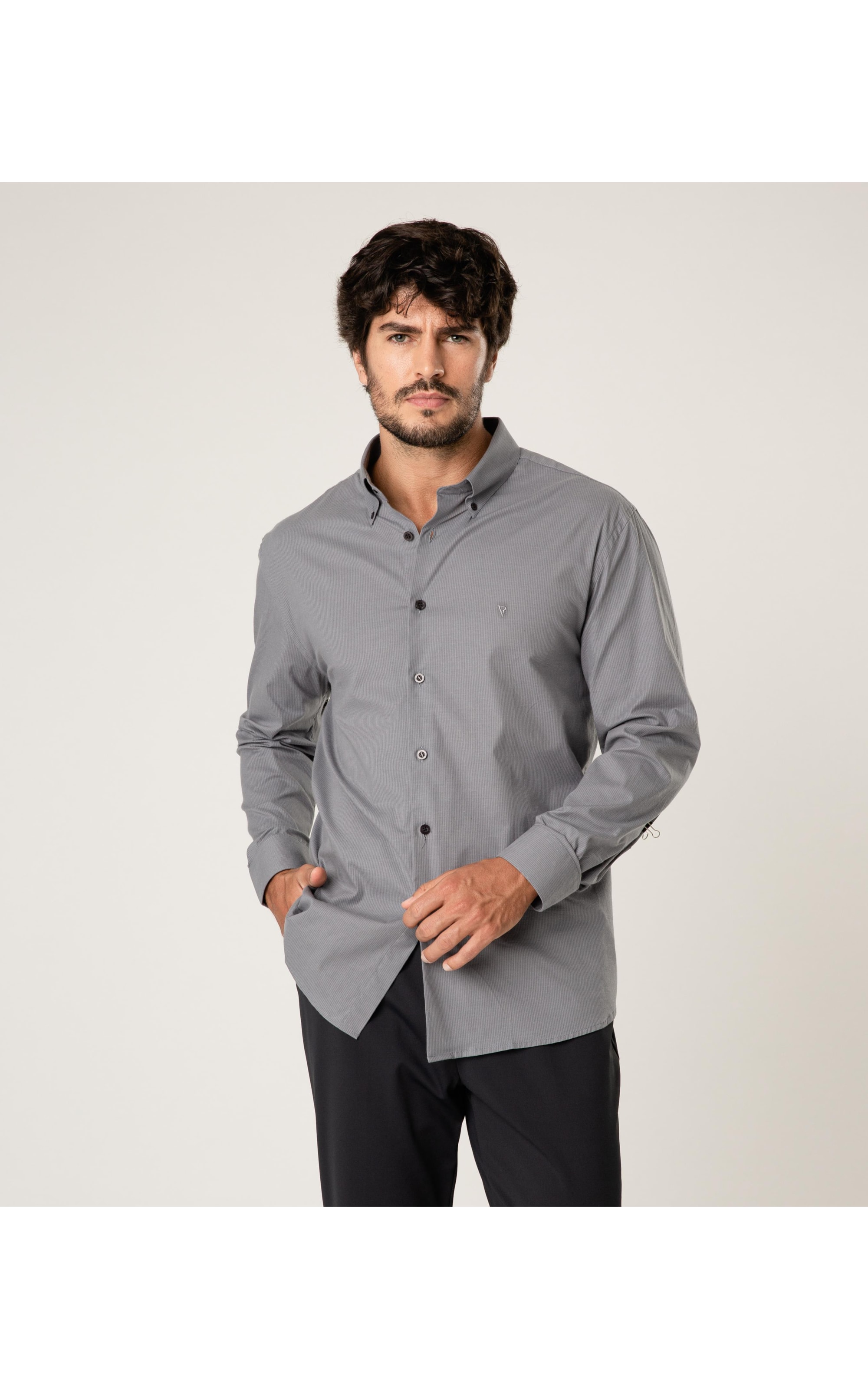 Camisa Cotton Pistoia Button Down Cinza Medio Listra