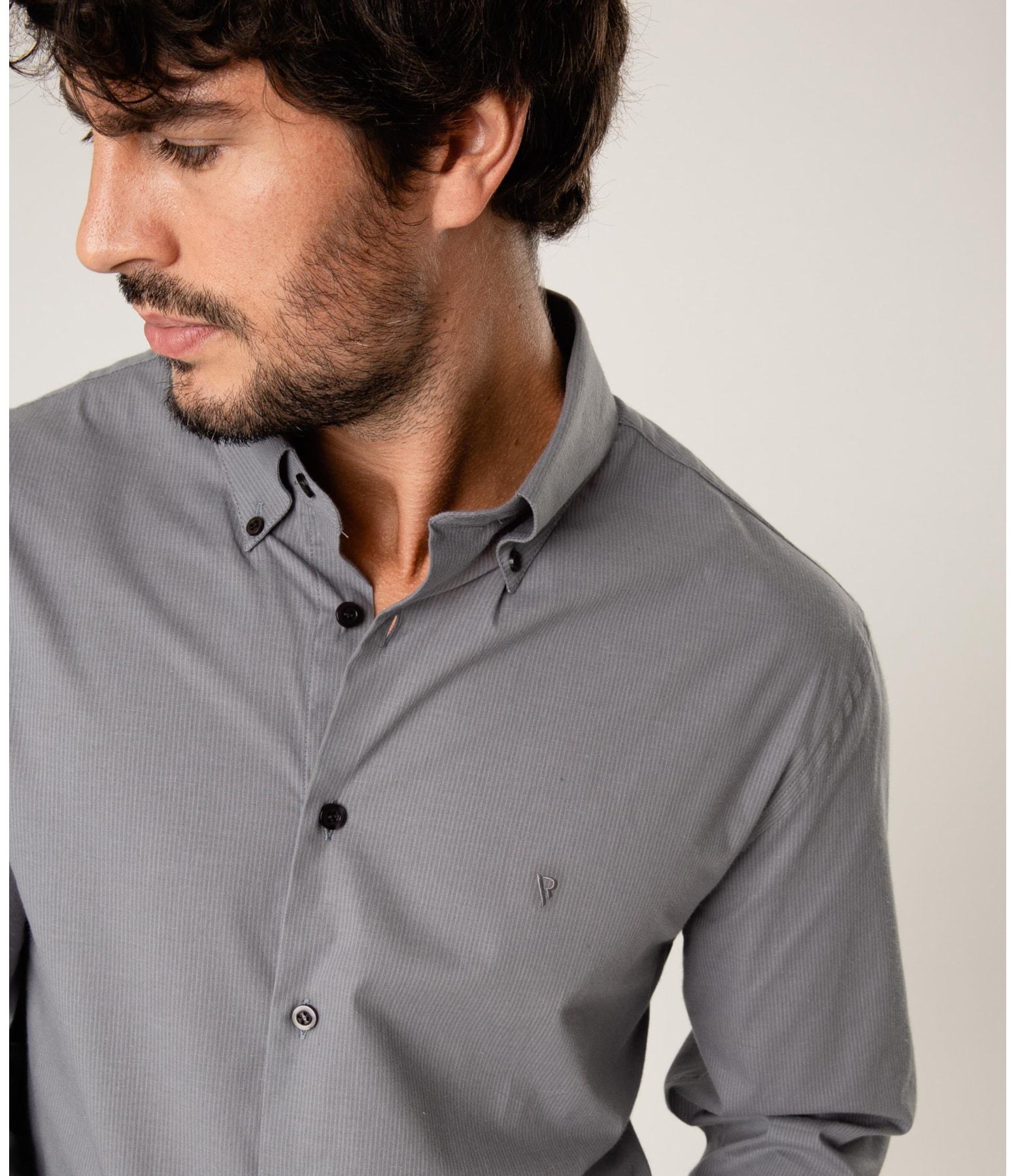 Camisa Cotton Pistoia Button Down Cinza Medio Listra
