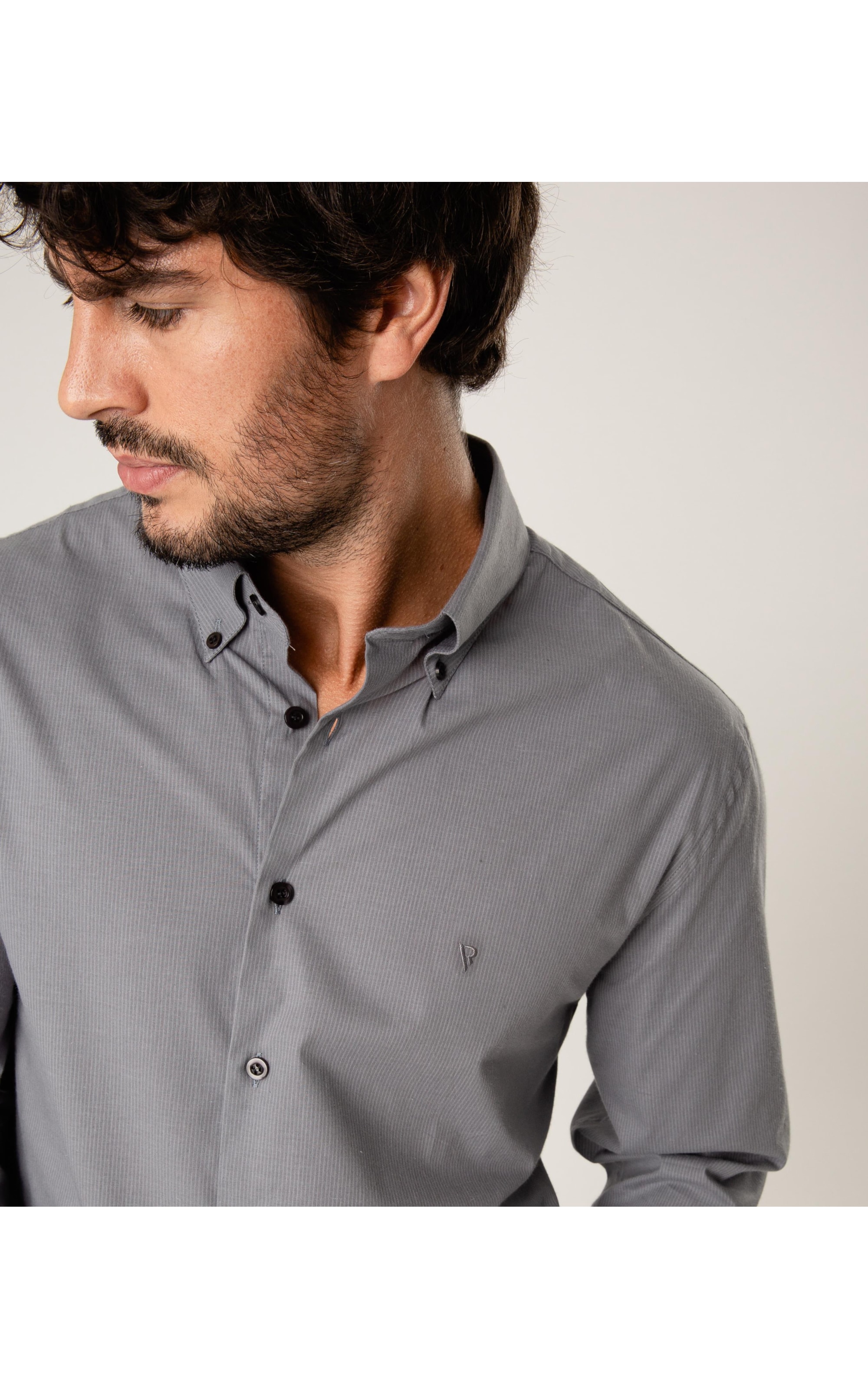 Camisa Cotton Pistoia Button Down Cinza Medio Listra