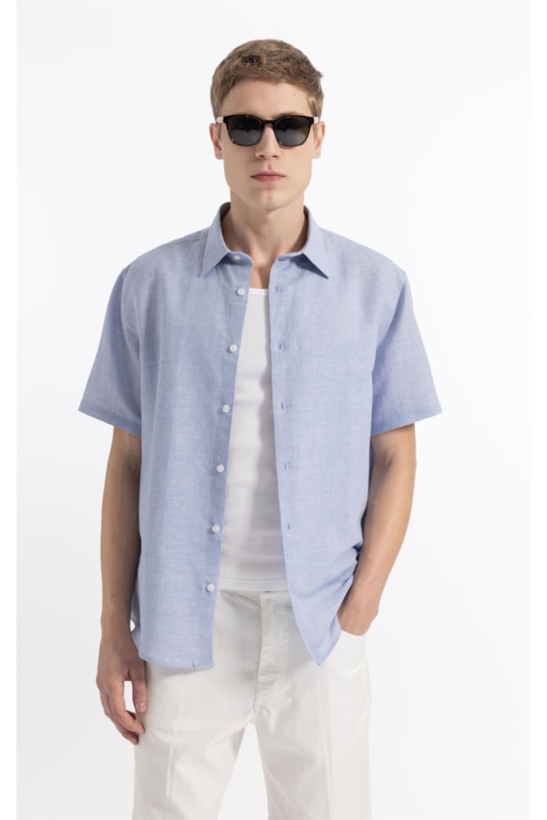 Camisa Linen Blend Lanusei Retro Shangai Azul Jeans                              