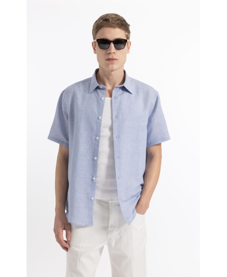 Camisa Linen Blend Lanusei Retro Shangai Azul Jeans                              