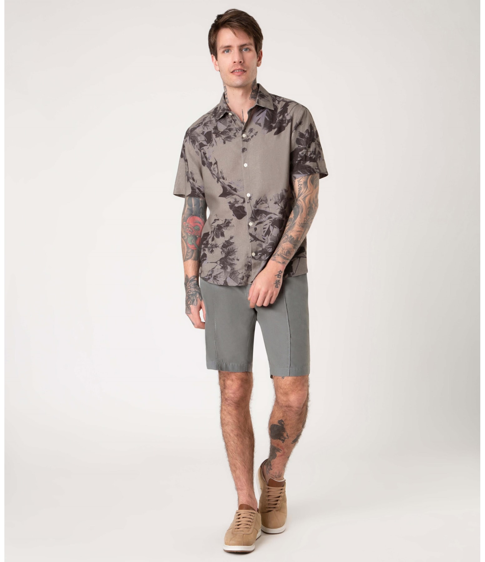 Camisa Linho Folhagem Militar Verde Militar