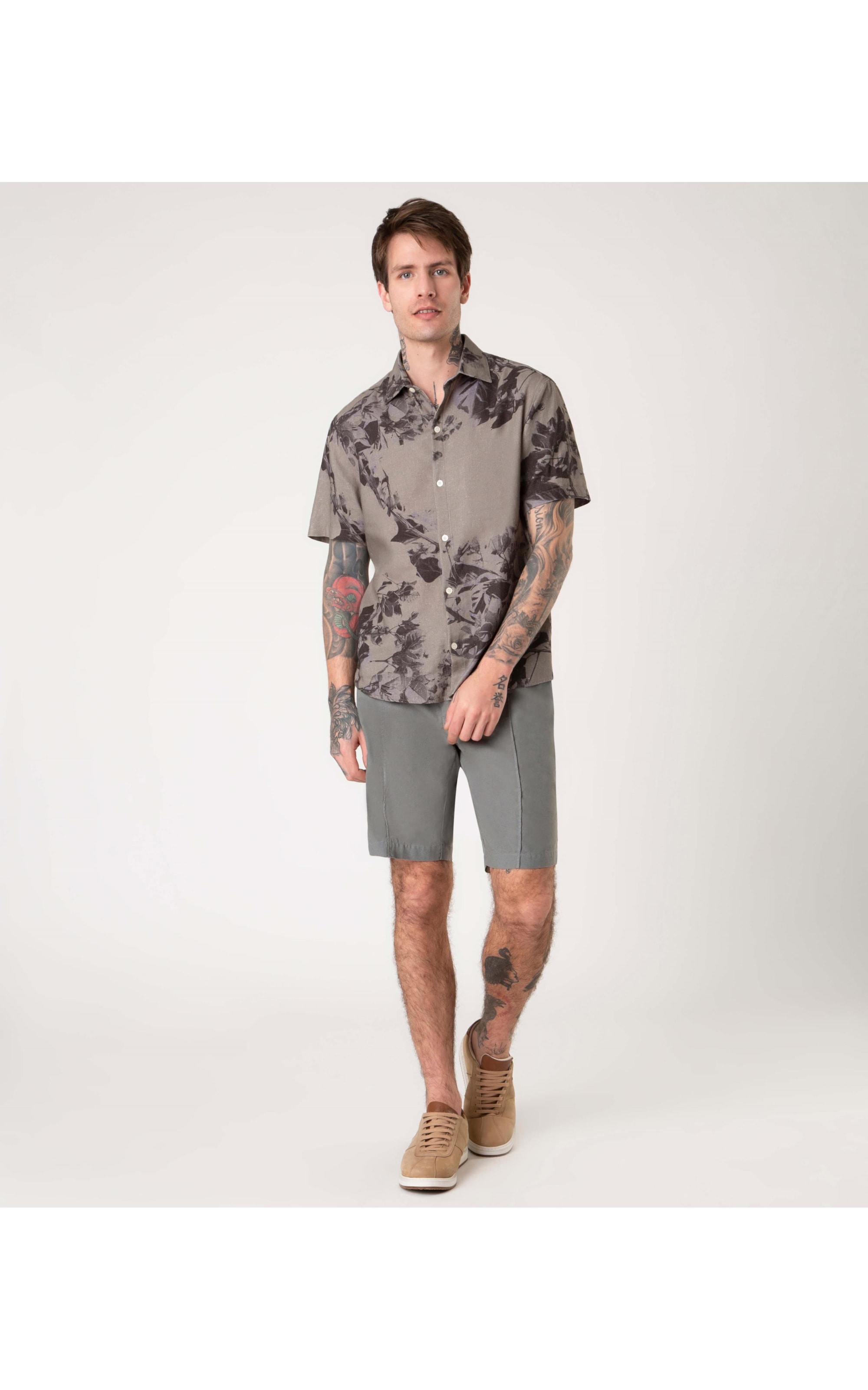 Camisa Linho Folhagem Militar Verde Militar