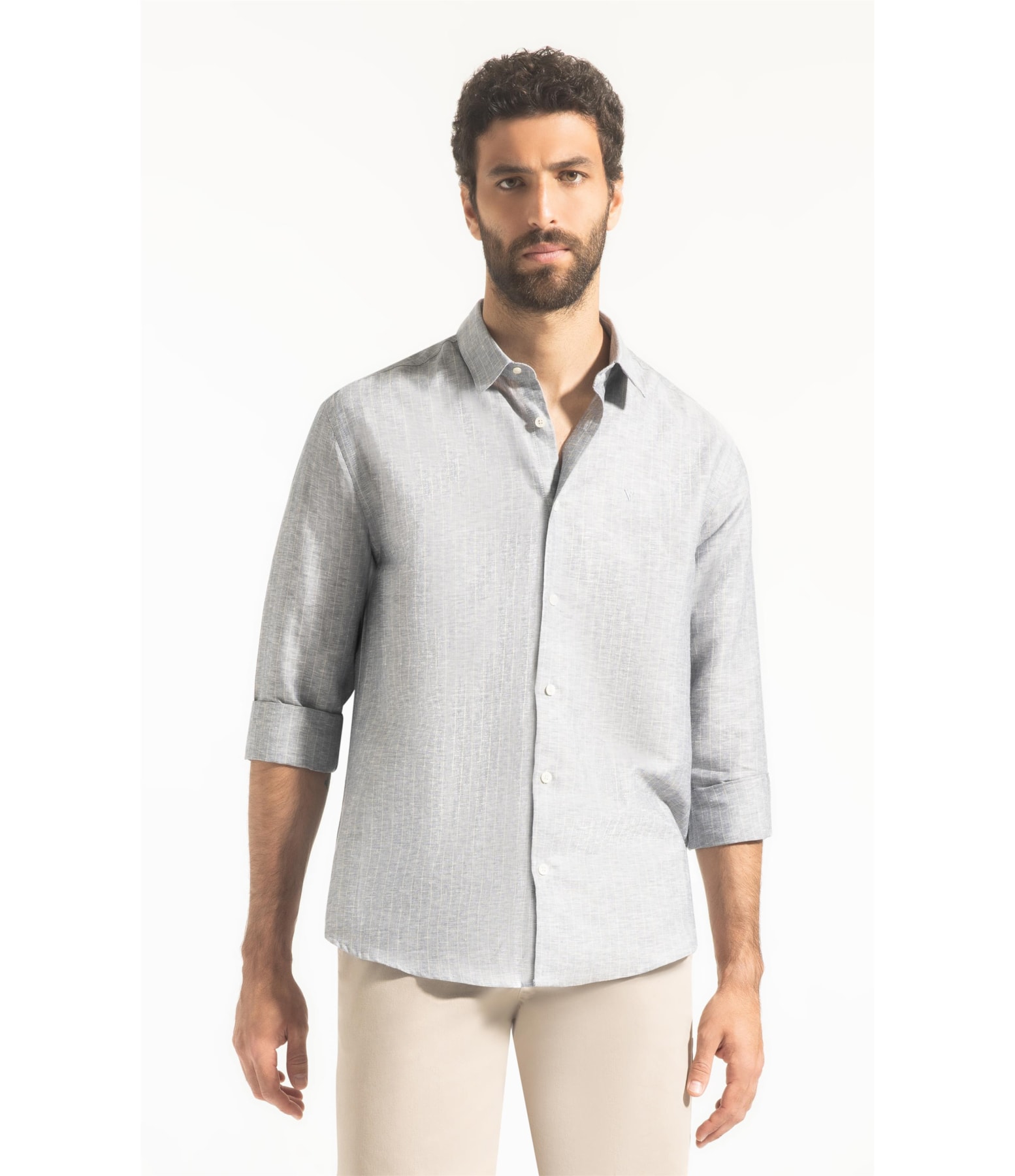 Camisa Linho Listra Pontilhada Classic Shangai Azul Bic