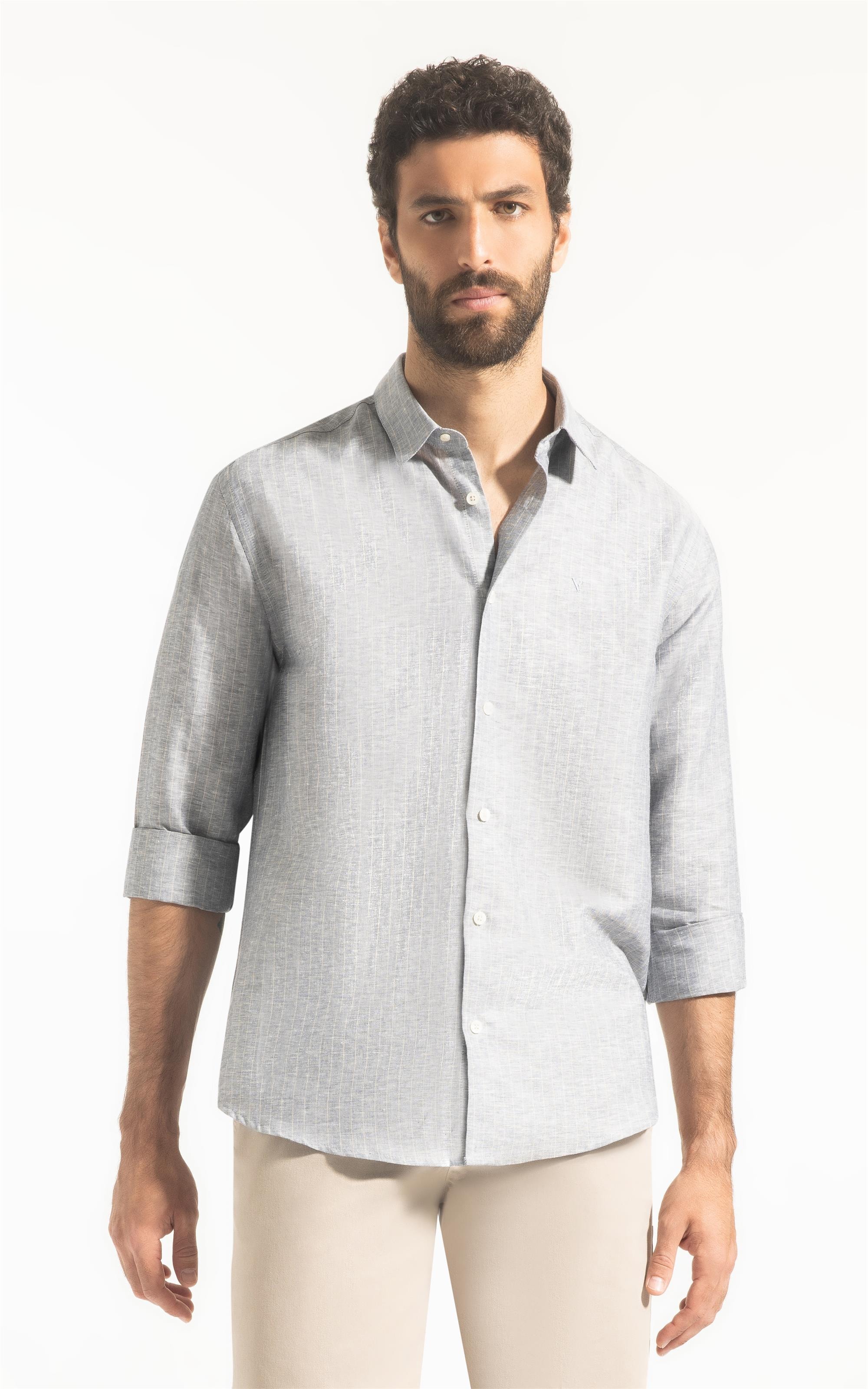 Camisa Linho Listra Pontilhada Classic Shangai Azul Bic