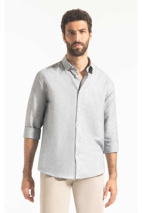 Camisa Linho Listra Pontilhada Classic Shangai Azul Bic