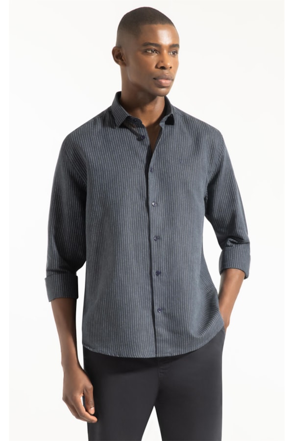 Camisa Linho Listras Classic New Italian Dark Navy