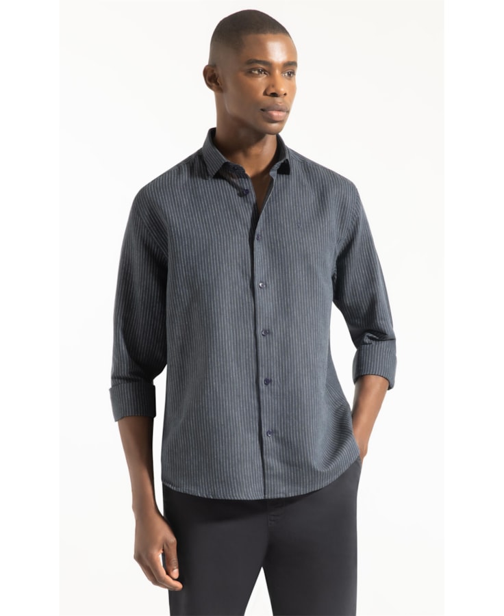 Camisa Linho Listras Classic New Italian Dark Navy