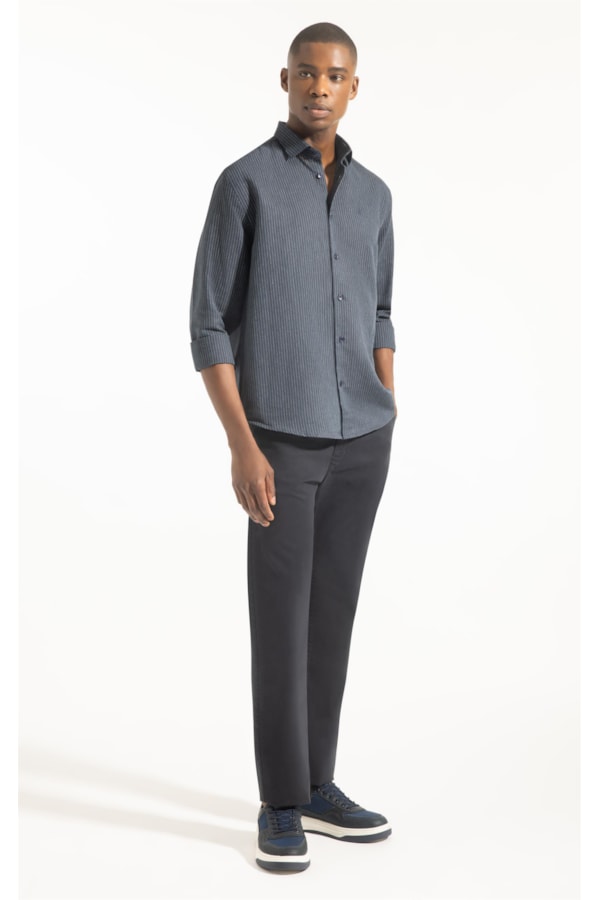 Camisa Linho Listras Classic New Italian Dark Navy