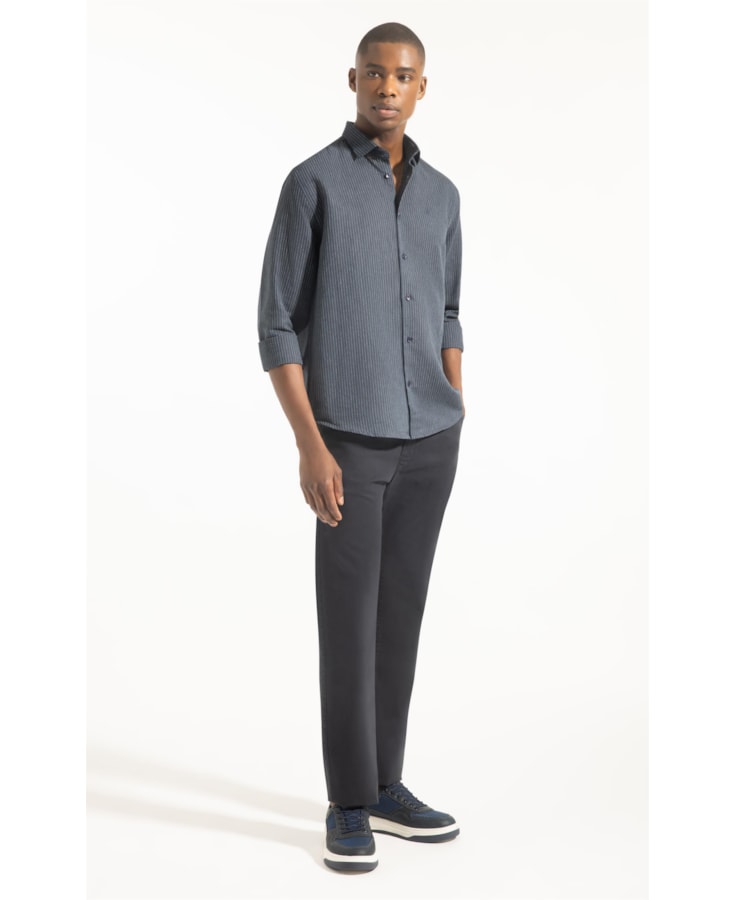 Camisa Linho Listras Classic New Italian Dark Navy