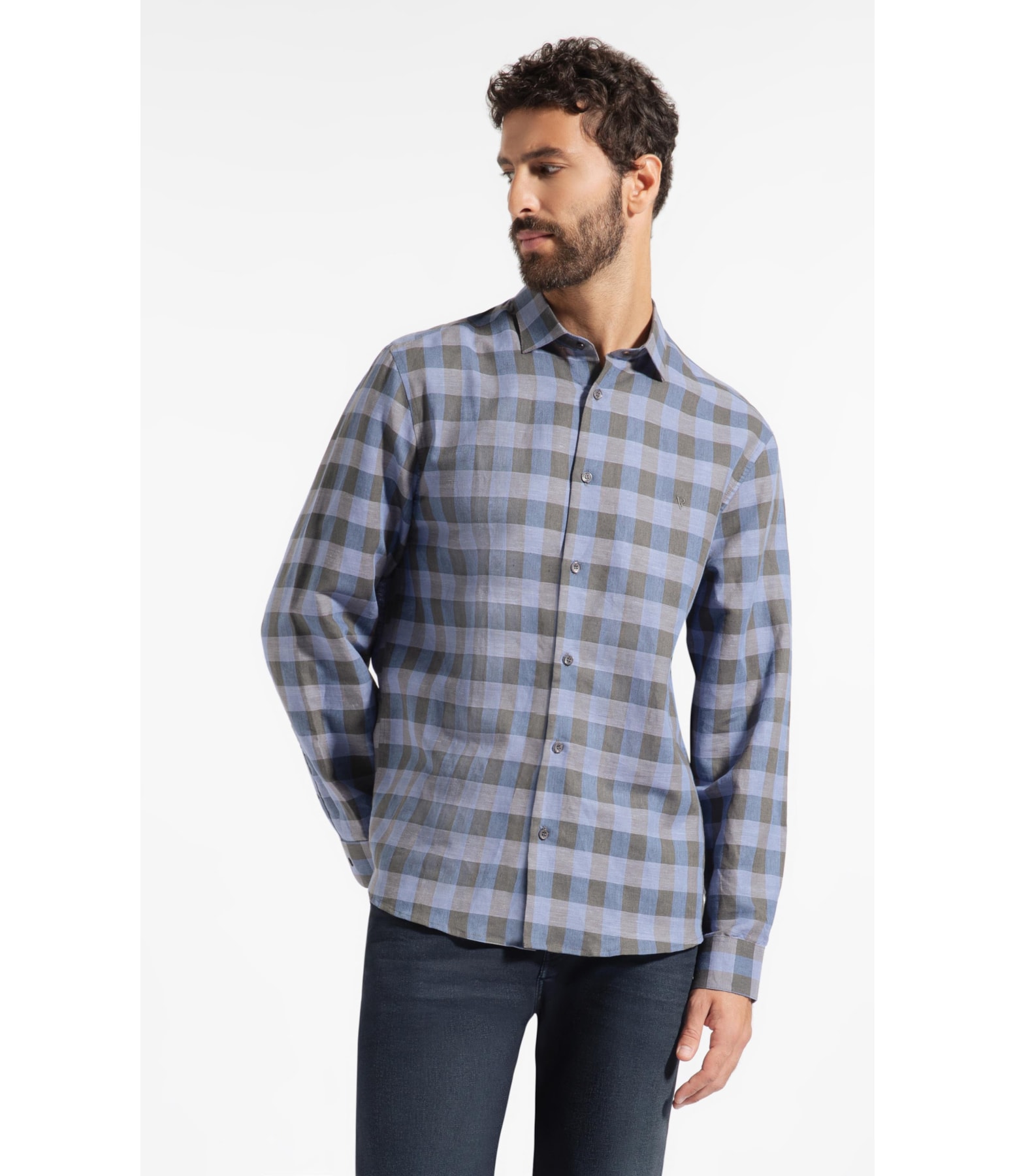Camisa Linho Ston Plaid Clsc Nw Ita Azul Bic
