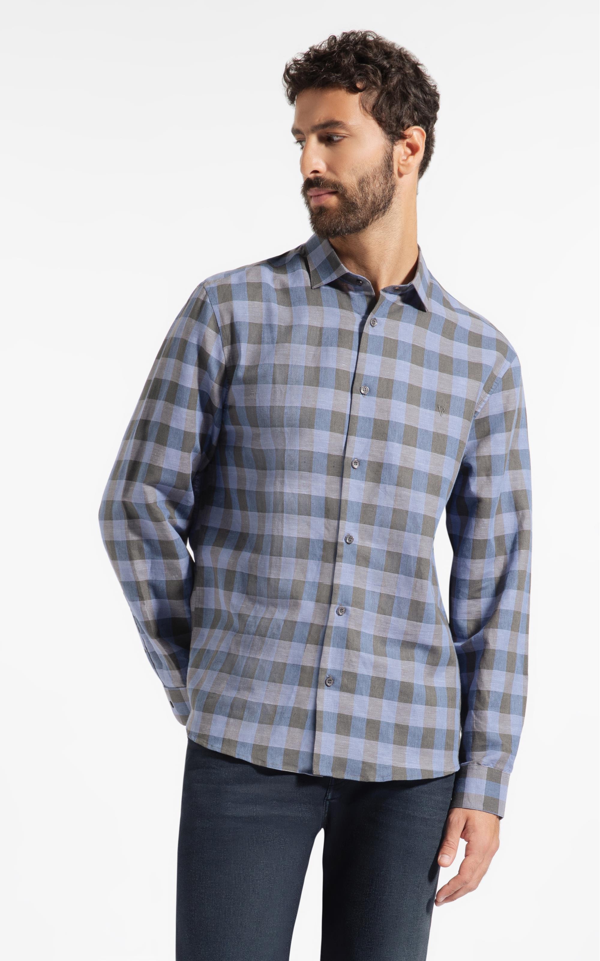 Camisa Linho Ston Plaid Clsc Nw Ita Azul Bic