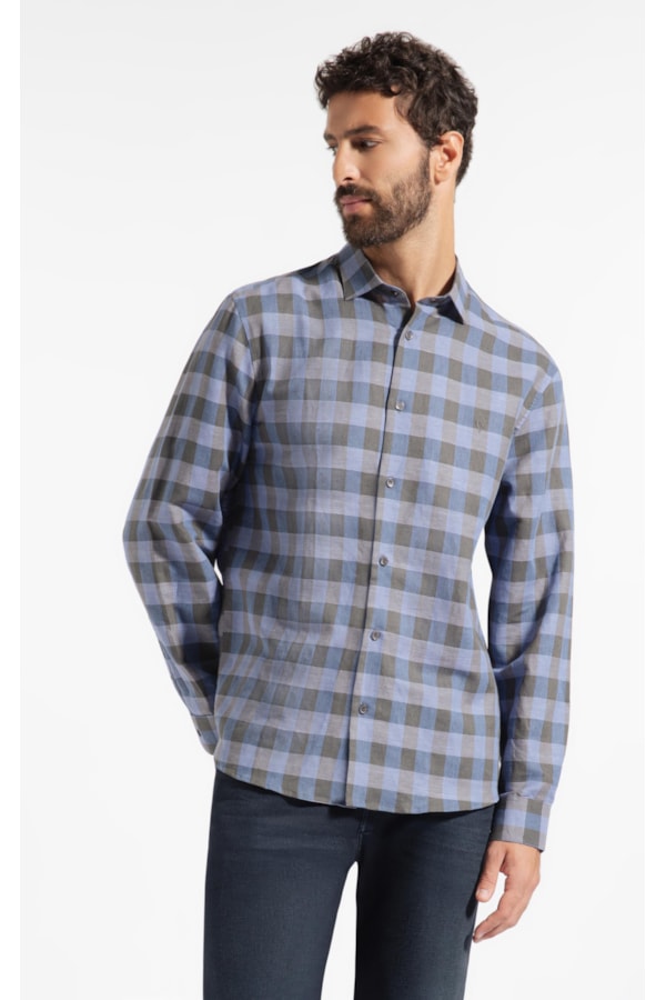 Camisa Linho Ston Plaid Clsc Nw Ita Azul Bic