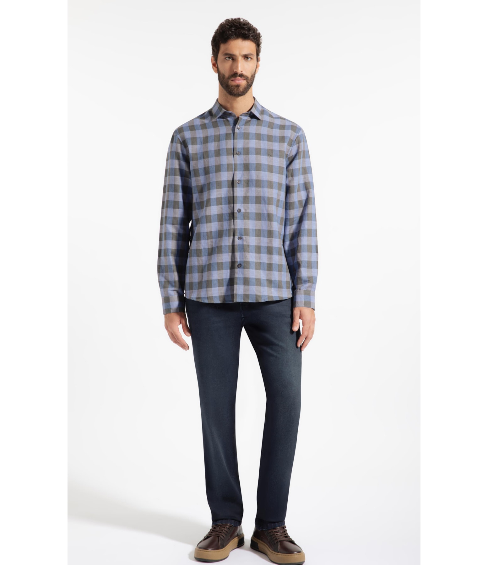 Camisa Linho Ston Plaid Clsc Nw Ita Azul Bic