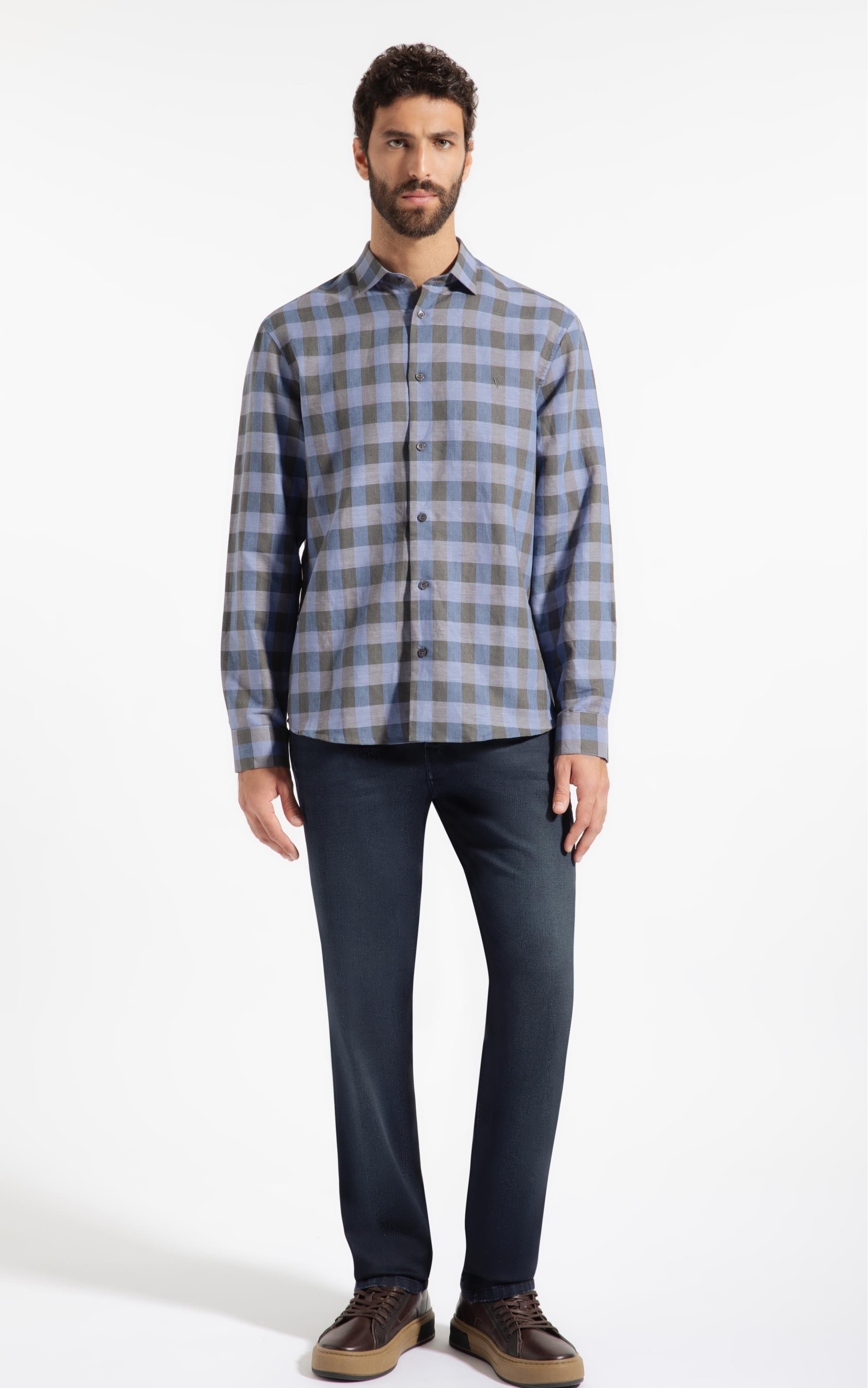 Camisa Linho Ston Plaid Clsc Nw Ita Azul Bic