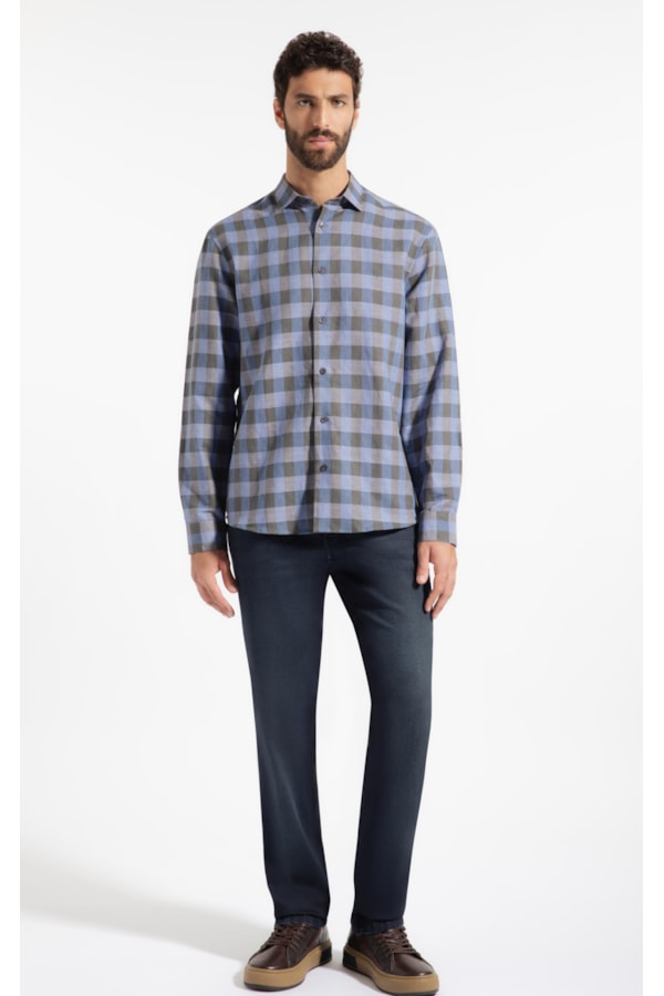Camisa Linho Ston Plaid Clsc Nw Ita Azul Bic