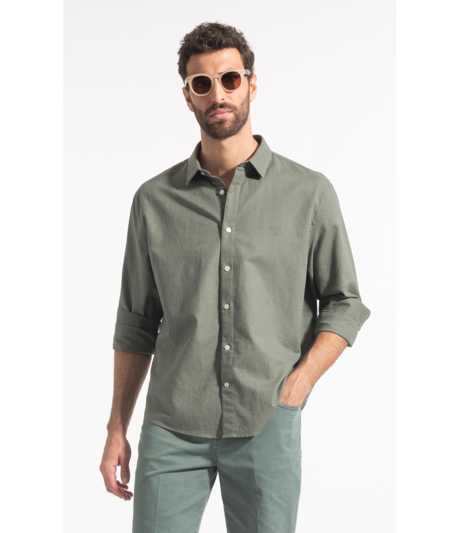 Camisa Linho  Unicollor Classic Shangai Verde Army