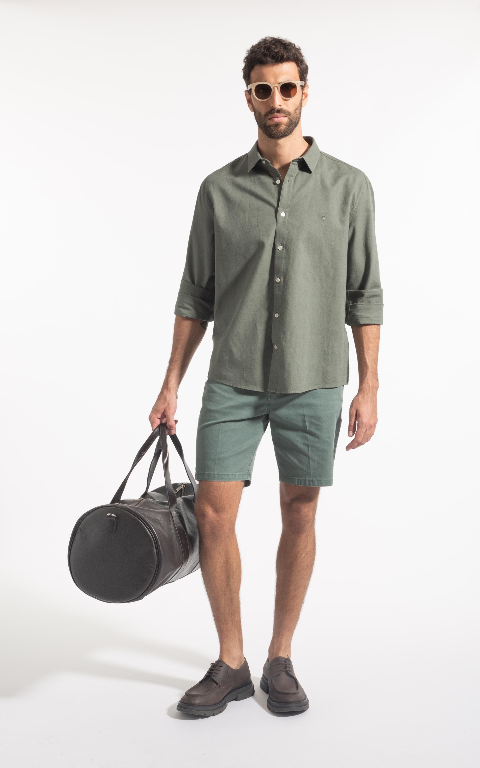 Camisa Linho  Unicollor Classic Shangai Verde Army