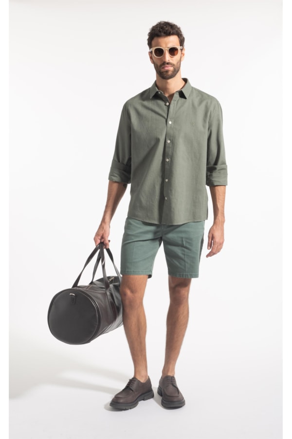 Camisa Linho  Unicollor Classic Shangai Verde Army