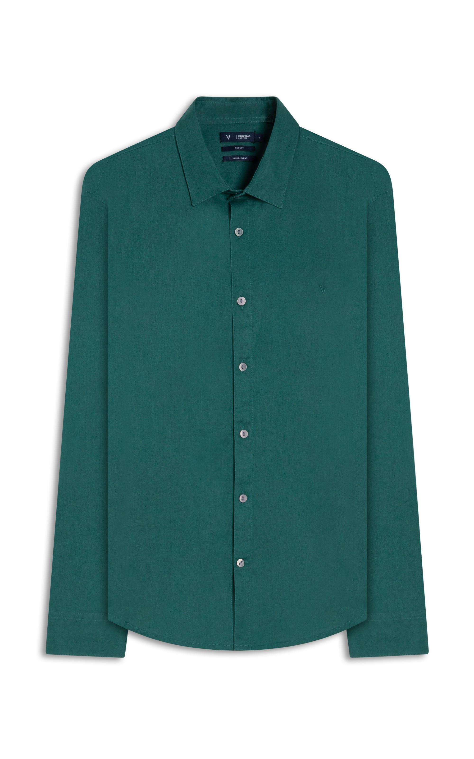 Camisa Linho  Unicollor Classic Shangai Verde Escuro