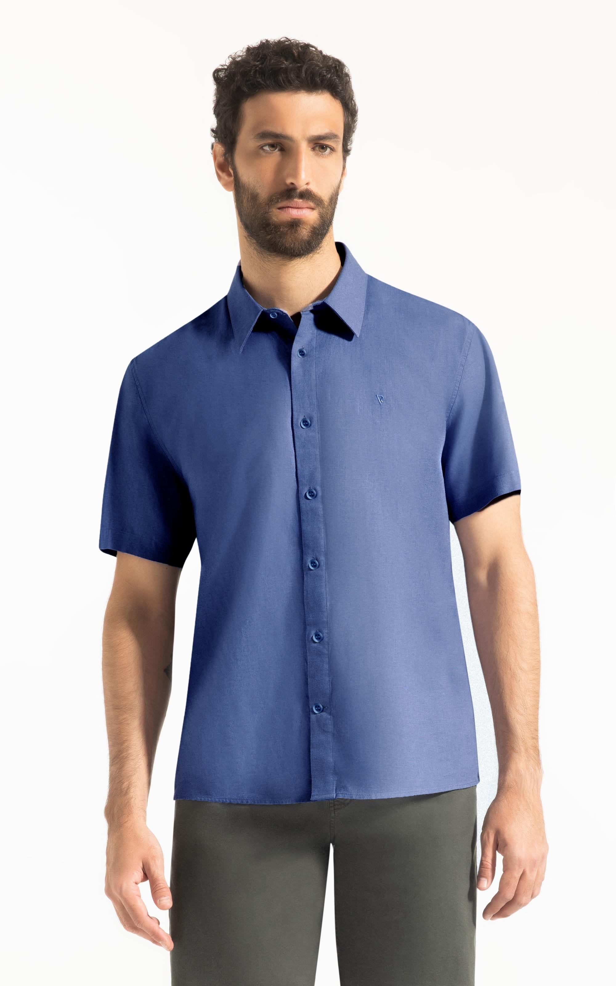 Camisa Linho  Unicollor Retro Irish Azul Seco