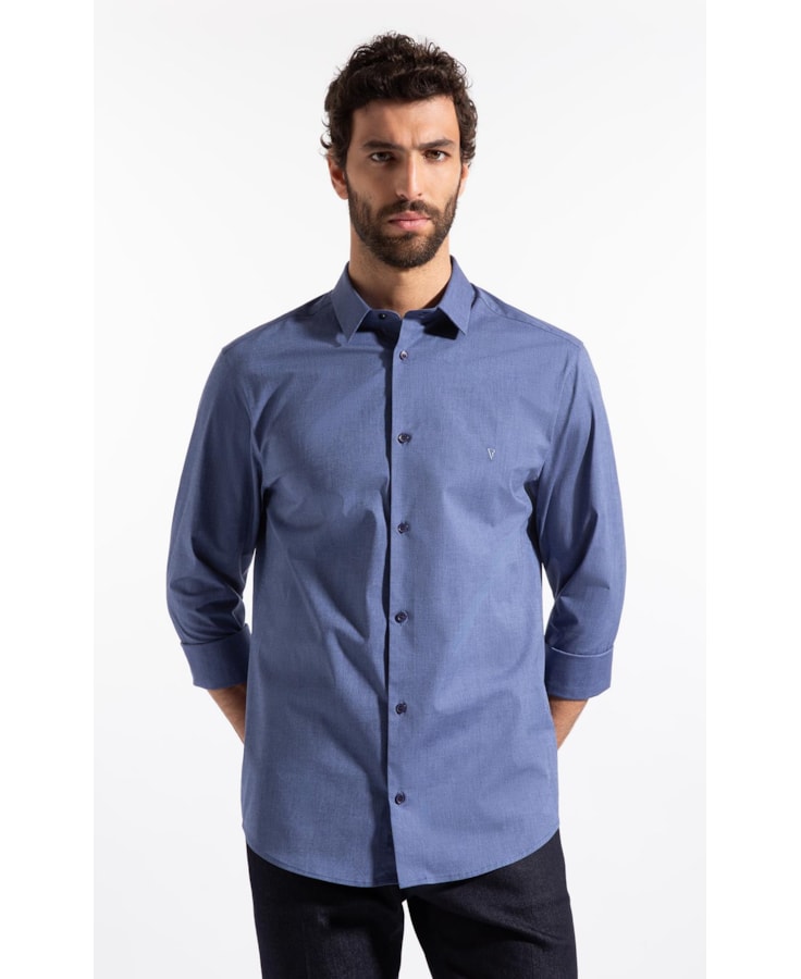 Camisa Ly Fil a Fil Slim Shanghai Ml Azul Jeans