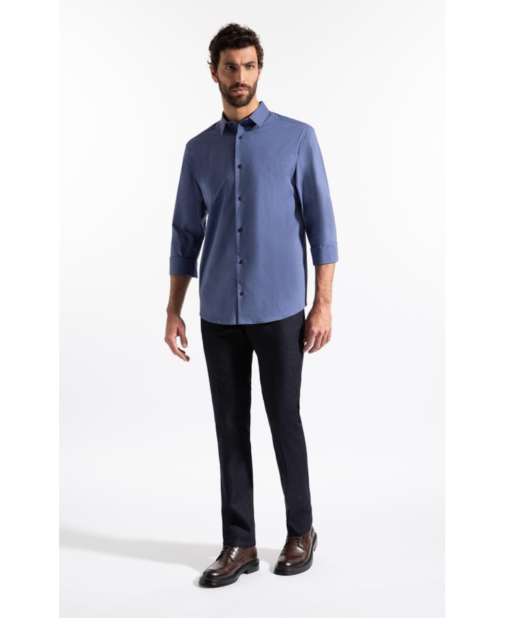 Camisa Ly Fil a Fil Slim Shanghai Ml Azul Jeans