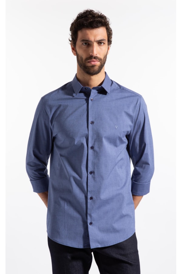 Camisa Ly Fil a Fil Slim Shanghai Ml Azul Jeans