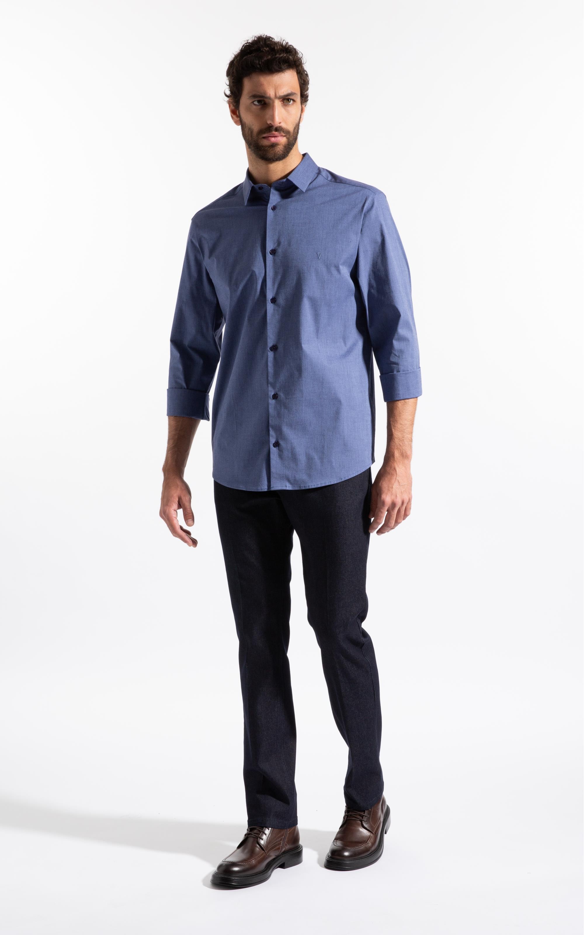 Camisa Ly Fil a Fil Slim Shanghai Ml Azul Jeans