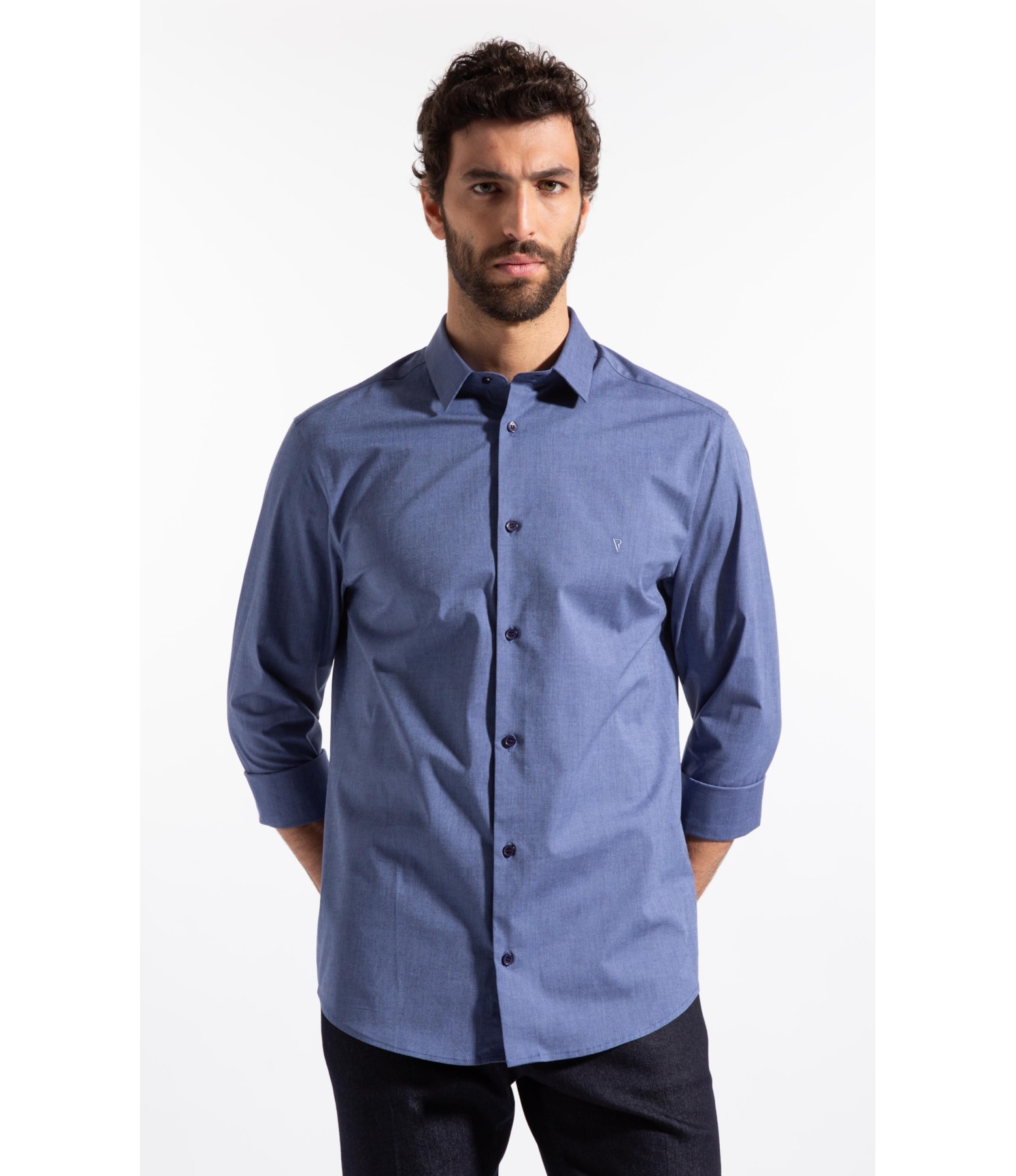 Camisa Ly Fil a Fil Slim Shanghai Ml Azul Jeans