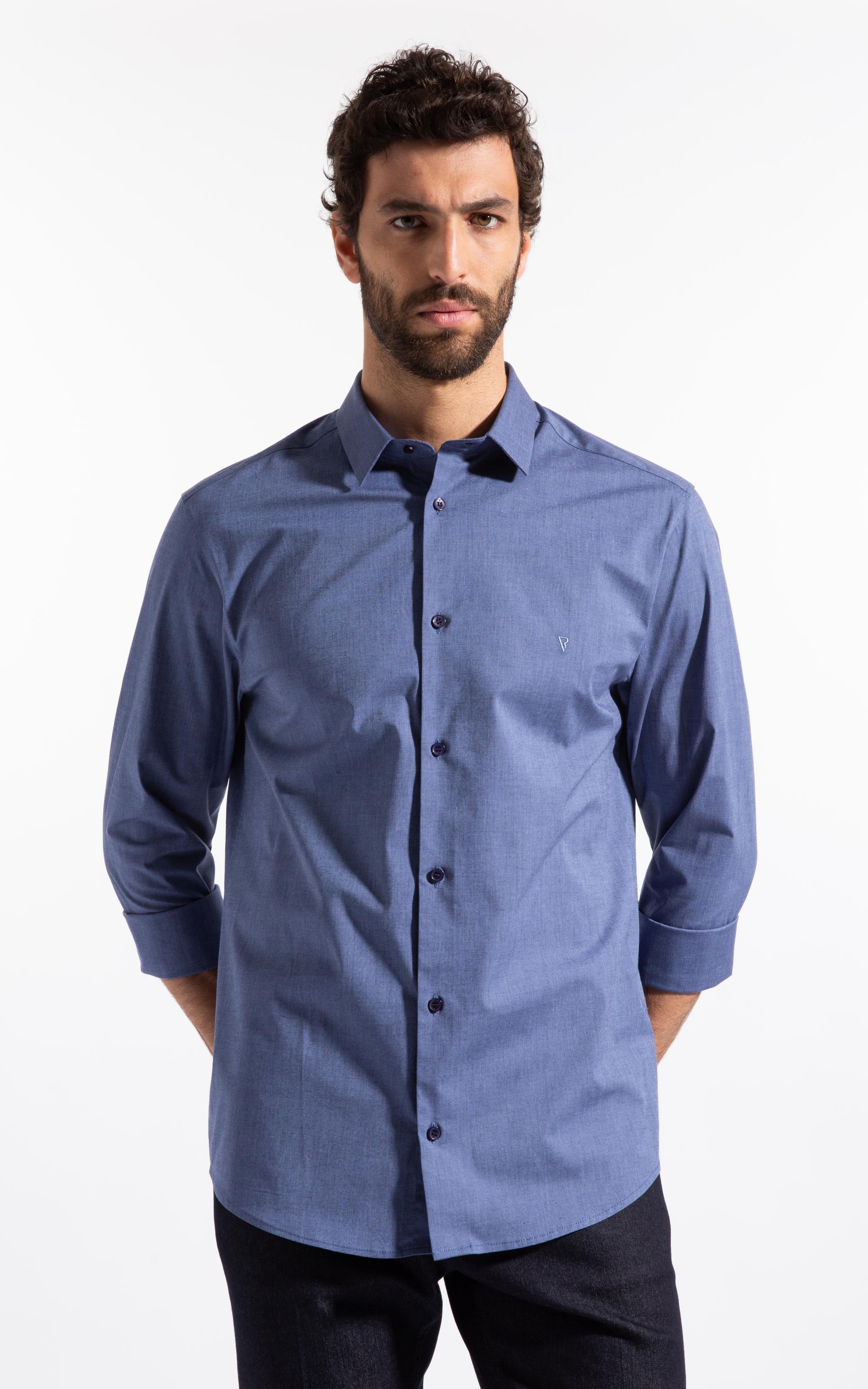 Camisa Ly Fil a Fil Slim Shanghai Ml Azul Jeans