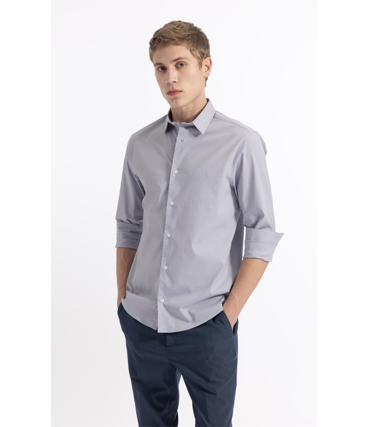 Camisa Ly Fil a Fil Slim Shanghai Ml Cinza Claro