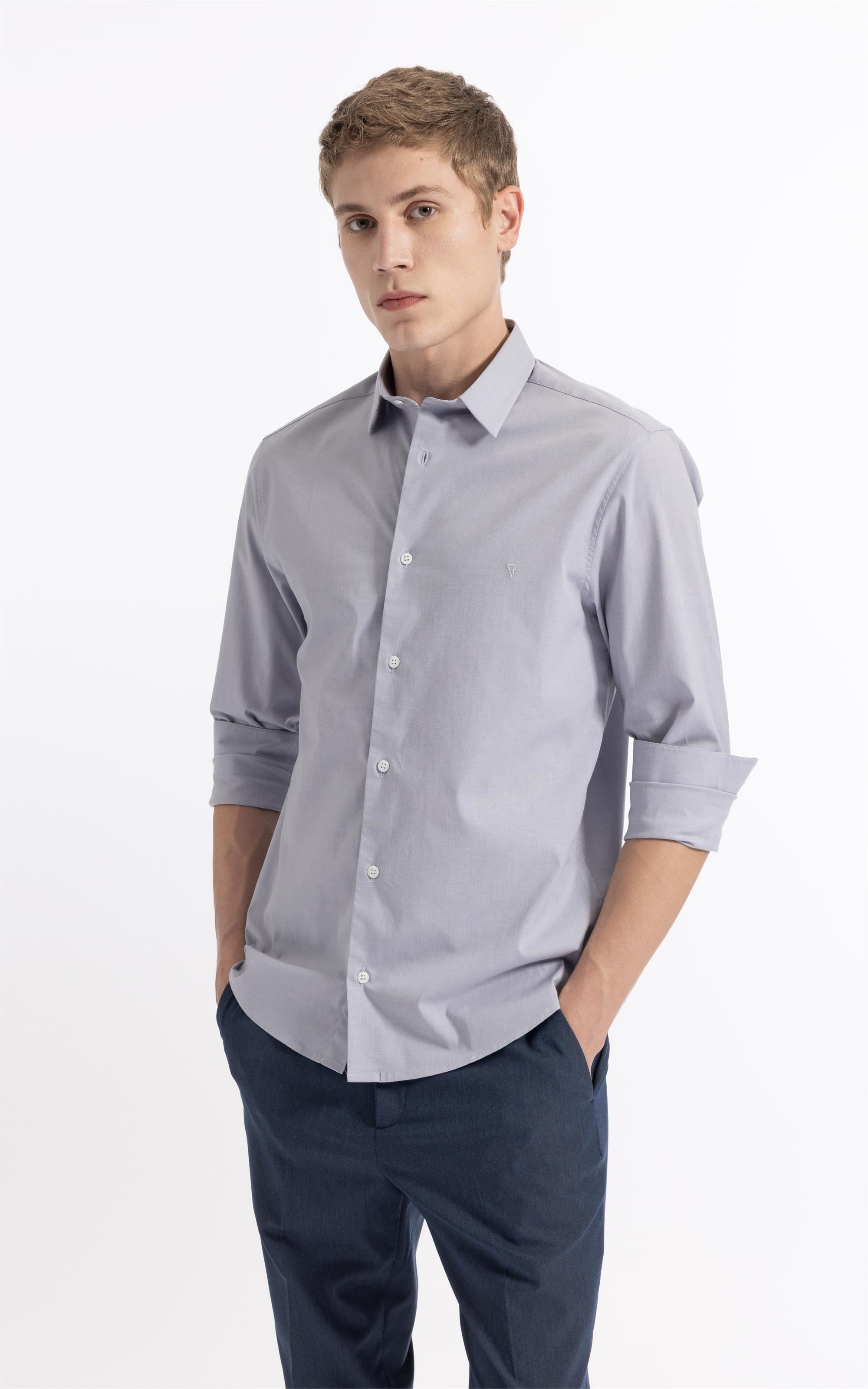 Camisa Ly Fil a Fil Slim Shanghai Ml Cinza Claro