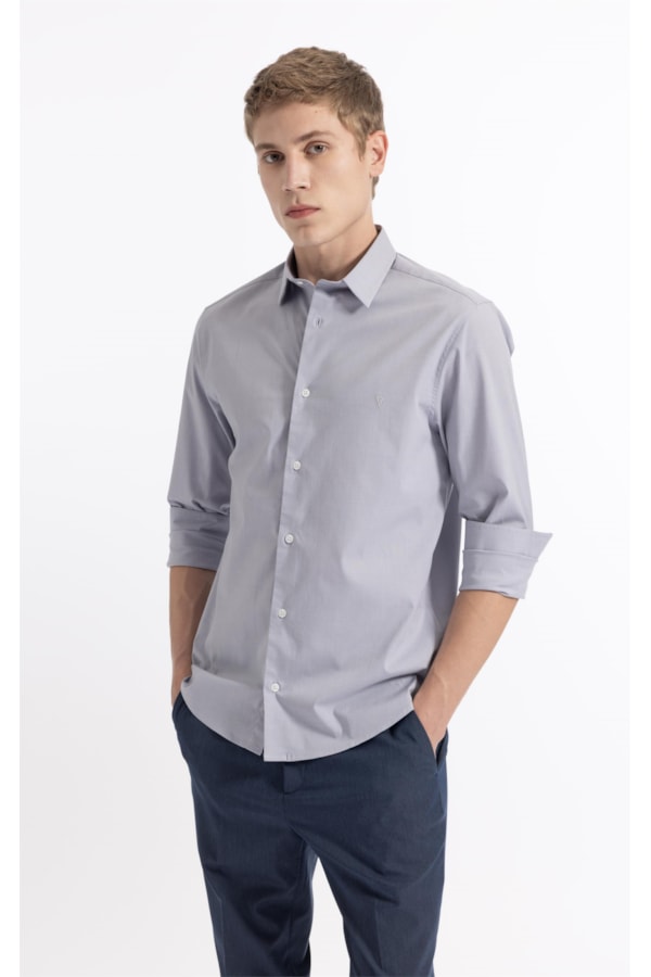 Camisa Ly Fil a Fil Slim Shanghai Ml Cinza Claro