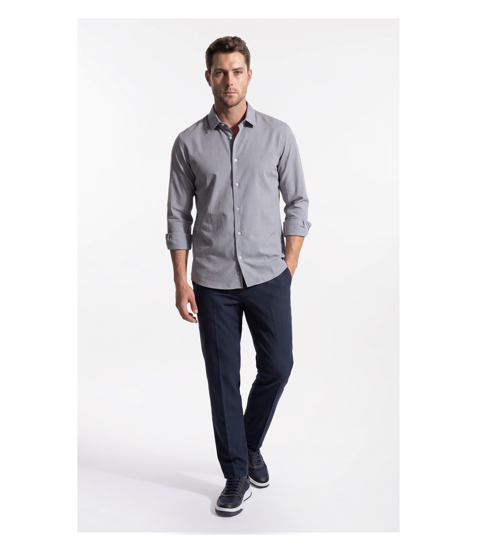 Camisa Ly Fil a Fil Slim Shanghai Ml Cinza Claro