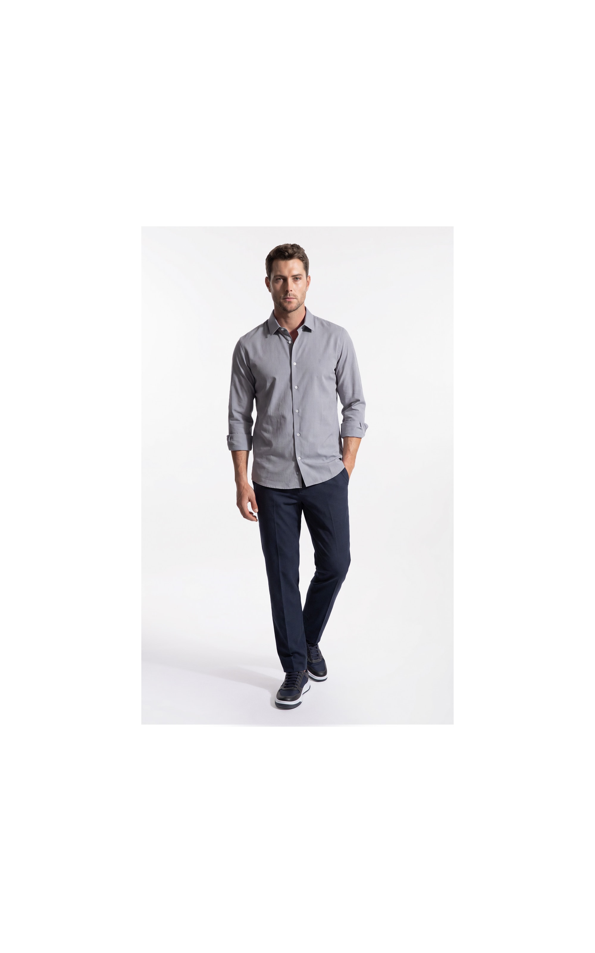 Camisa Ly Fil a Fil Slim Shanghai Ml Cinza Claro