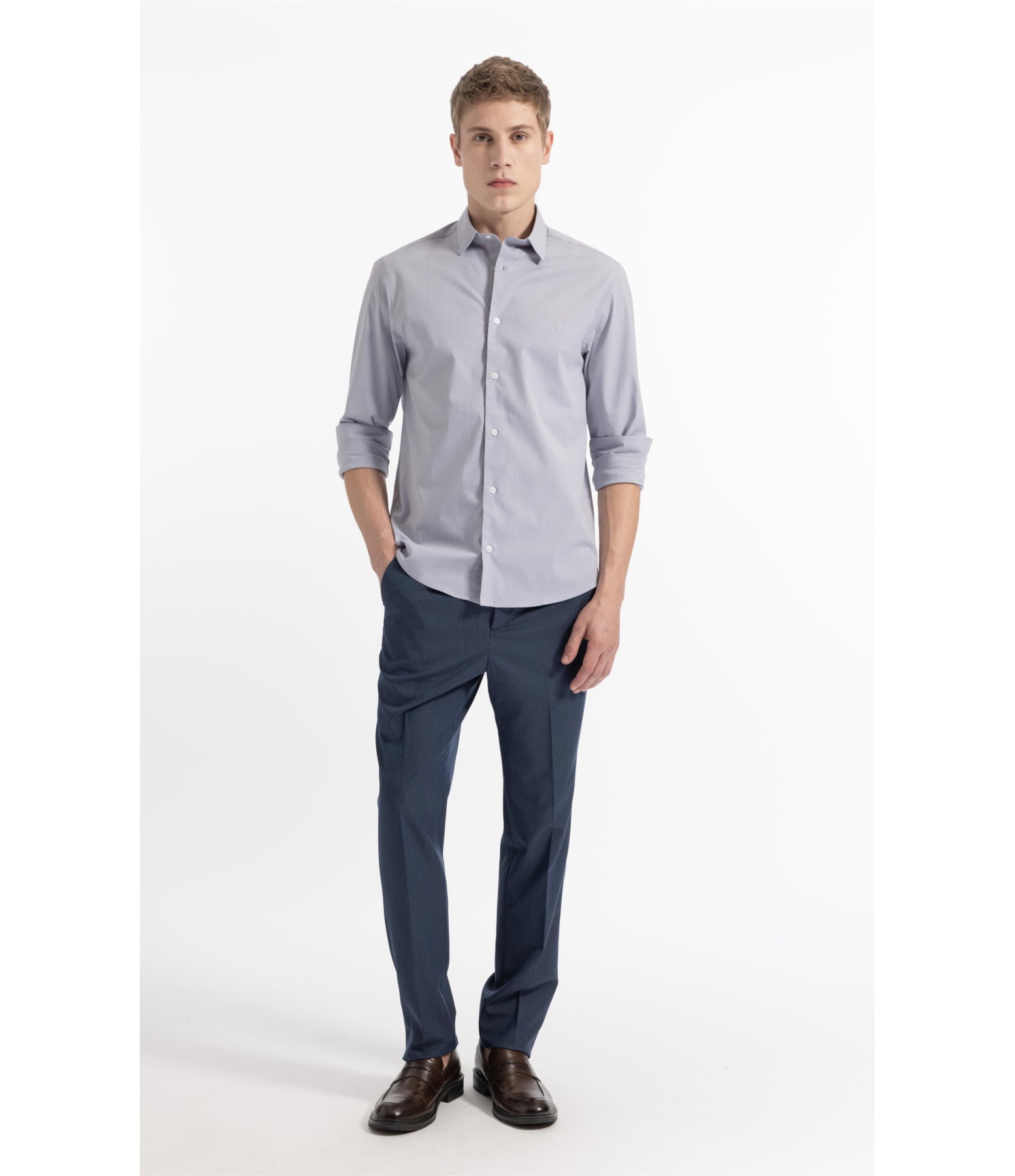 Camisa Ly Fil a Fil Slim Shanghai Ml Cinza Claro