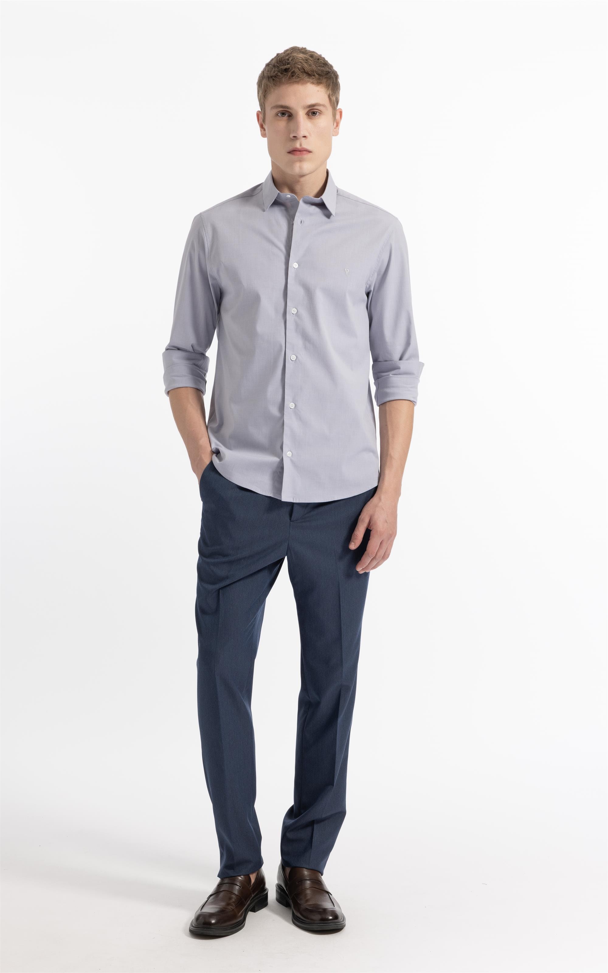 Camisa Ly Fil a Fil Slim Shanghai Ml Cinza Claro