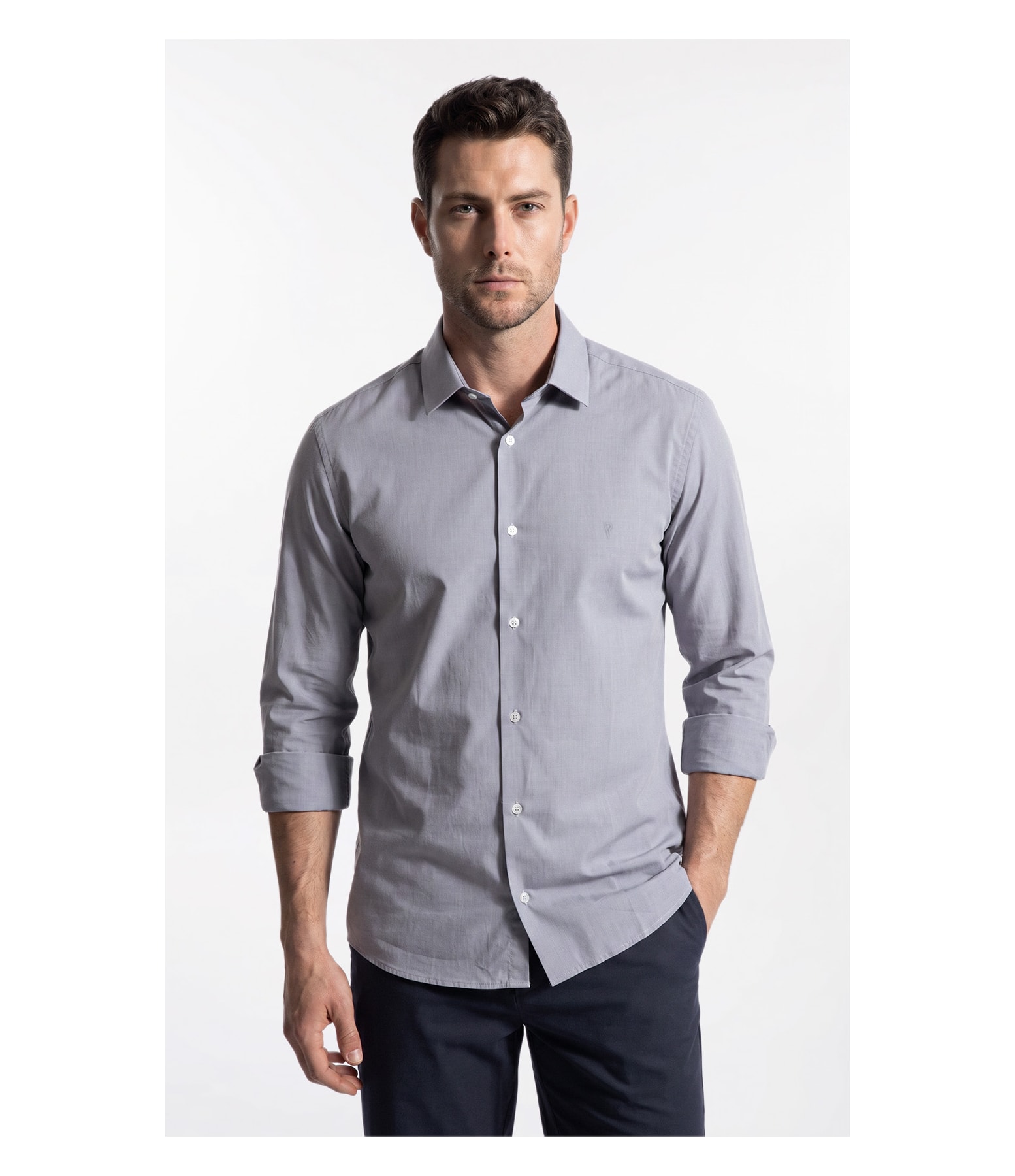 Camisa Ly Fil a Fil Slim Shanghai Ml Cinza Claro