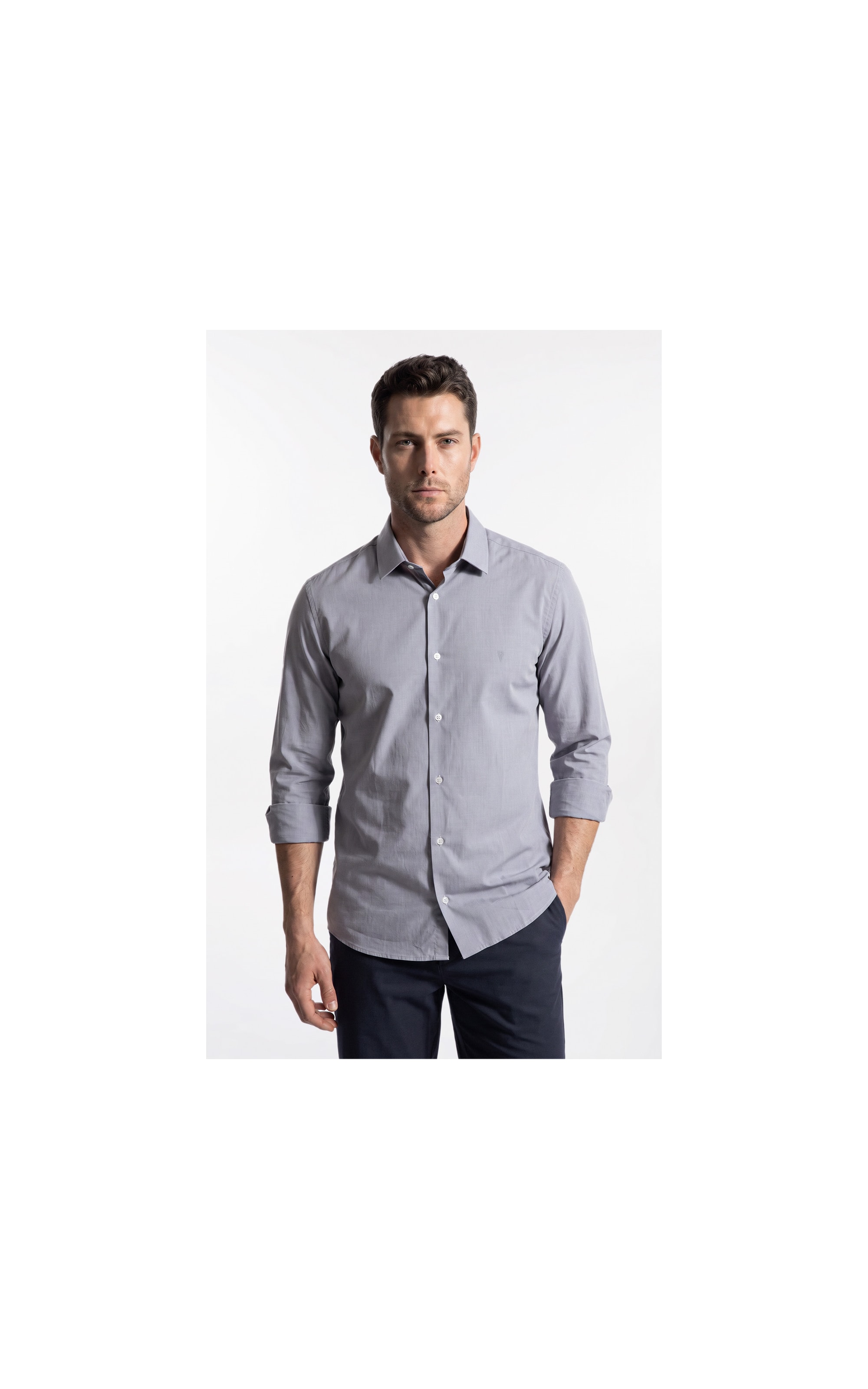 Camisa Ly Fil a Fil Slim Shanghai Ml Cinza Claro