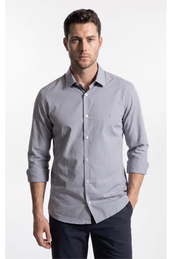Camisa Ly Fil a Fil Slim Shanghai Ml Cinza Claro