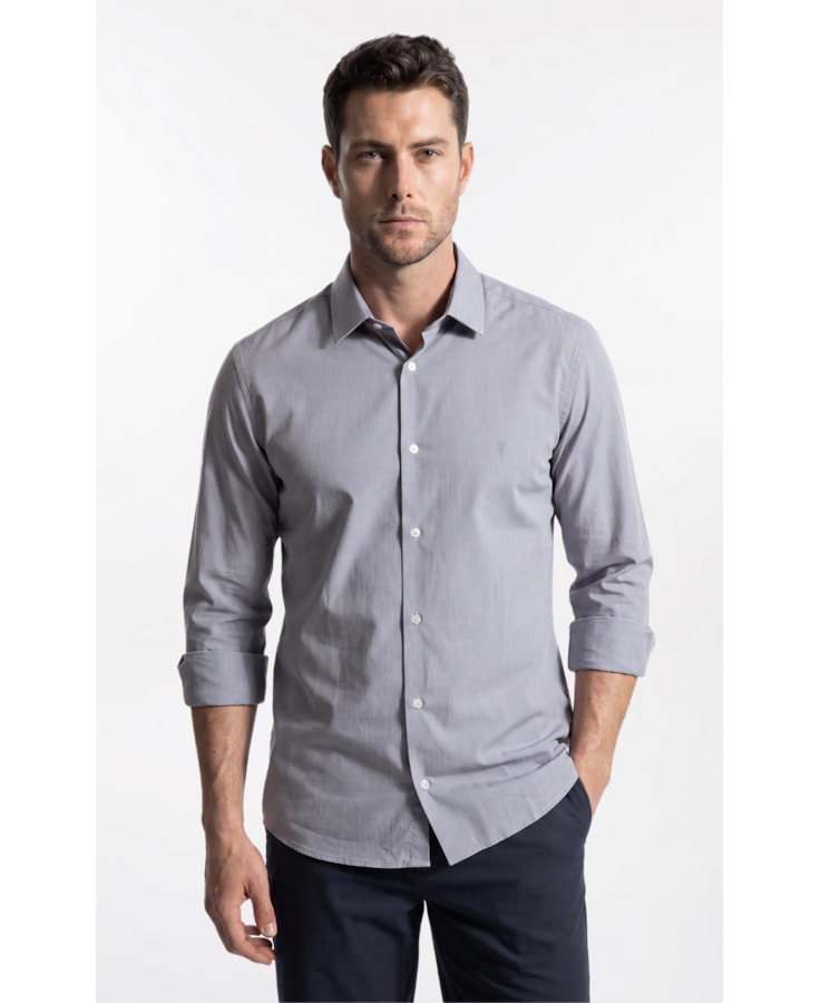 Camisa Ly Fil a Fil Slim Shanghai Ml Cinza Claro